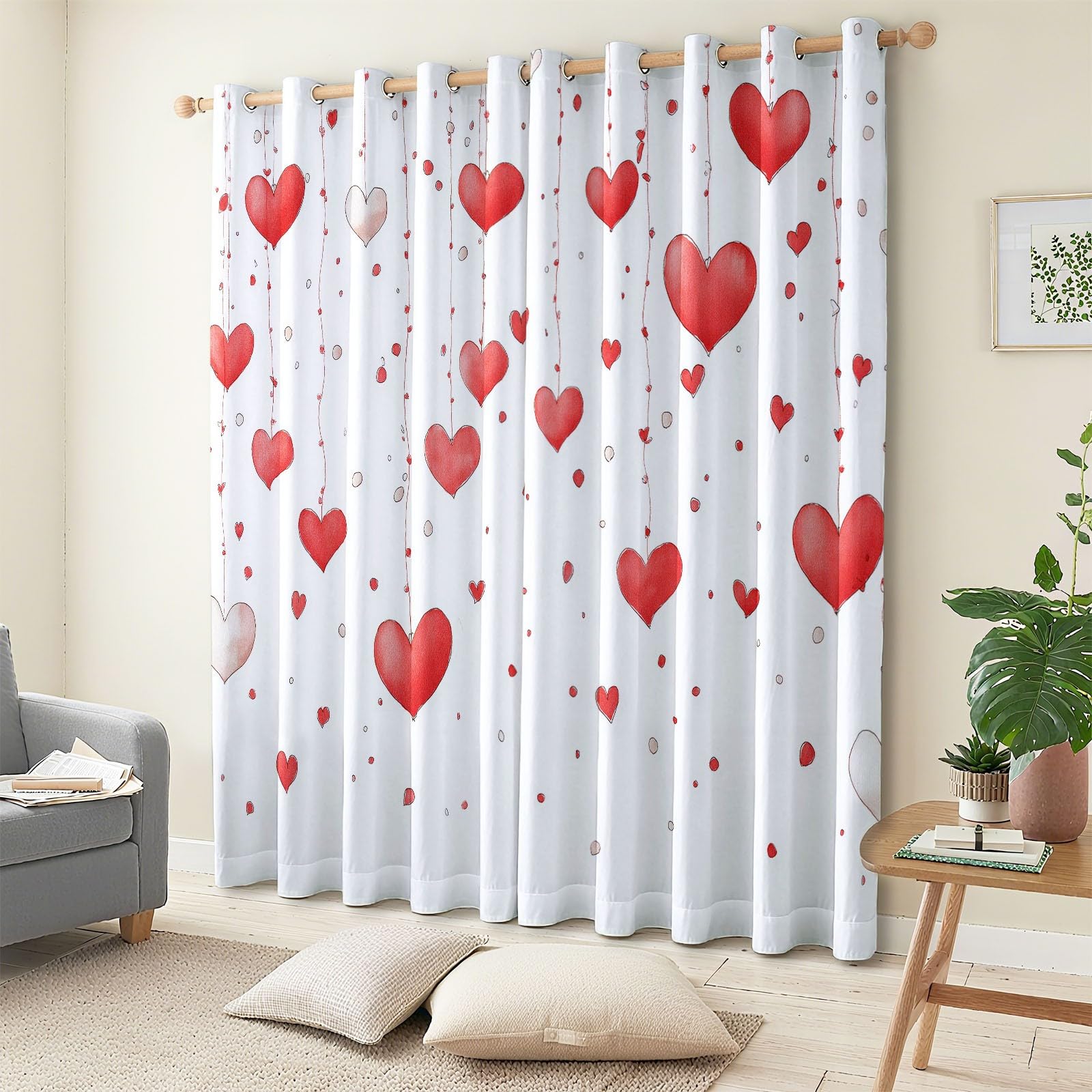 XCQHZYQ Blackout Curtains for Bedroom Hand-Drawn Red Heart Grommet Curtains 2 Panels White Drapes Soft Noise Reduce Darkening Dreapes for Kids Adults Playroom Decor, W46 x L72 inch