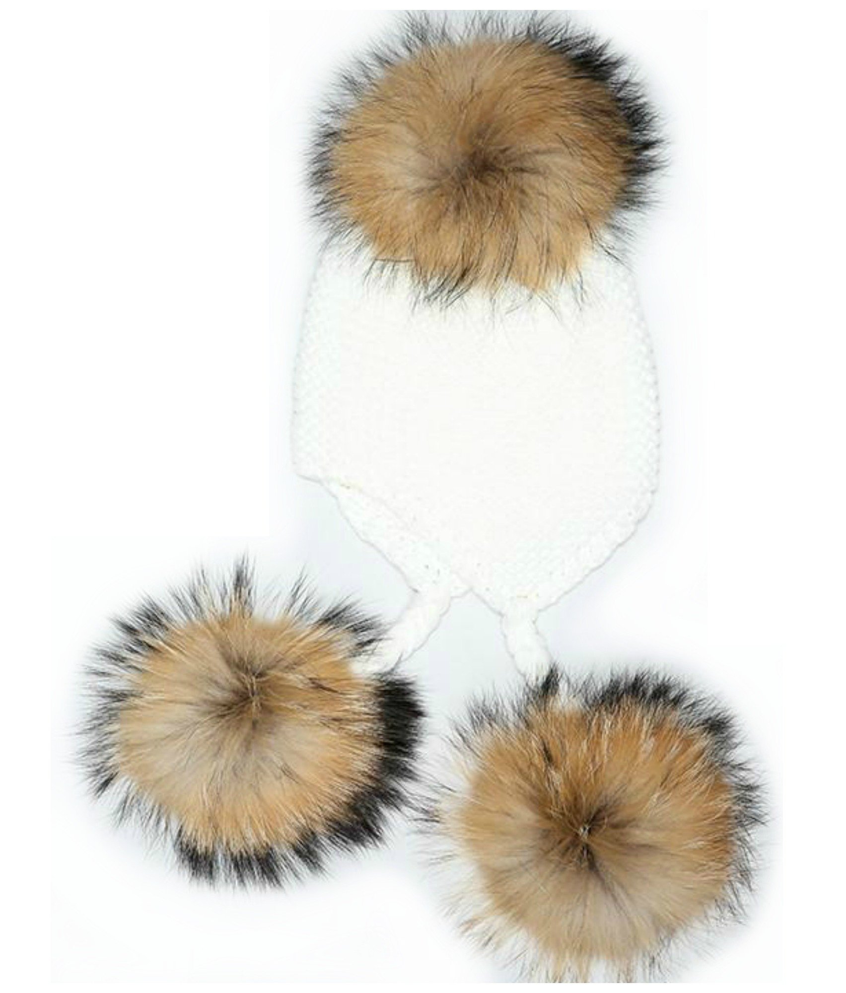 Cappello Bianco Bambino 3 PON PON Pelliccia Vera 1-4 Anni, Cuffia Berretto Bambina Baby Luxury