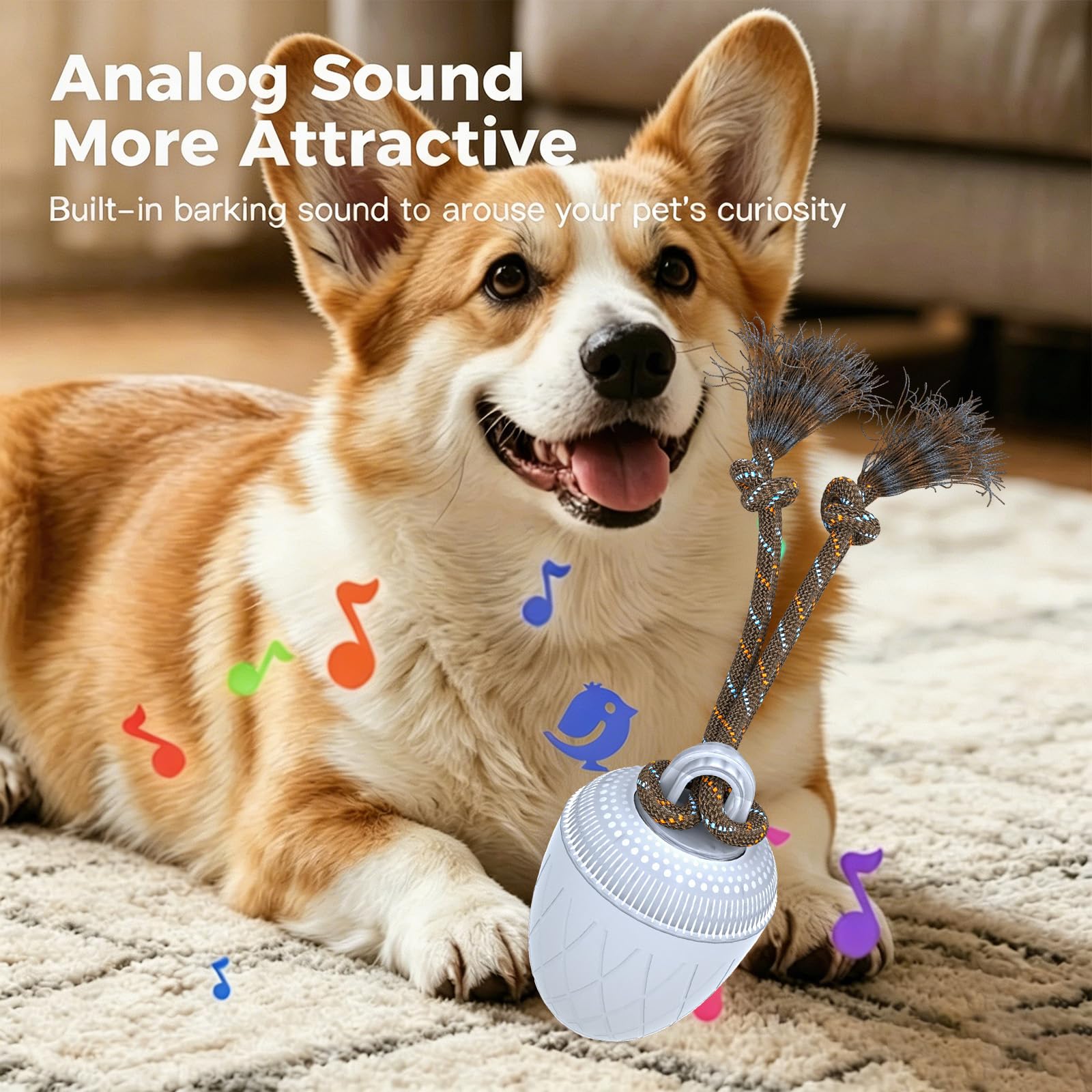 Jouet interactif pour chien de taille moyenne et grande - Jouet pour chien à mouvement automatique avec sons d'oiseaux et corde, balle intelligente rechargeable par USB avec modes rapide et