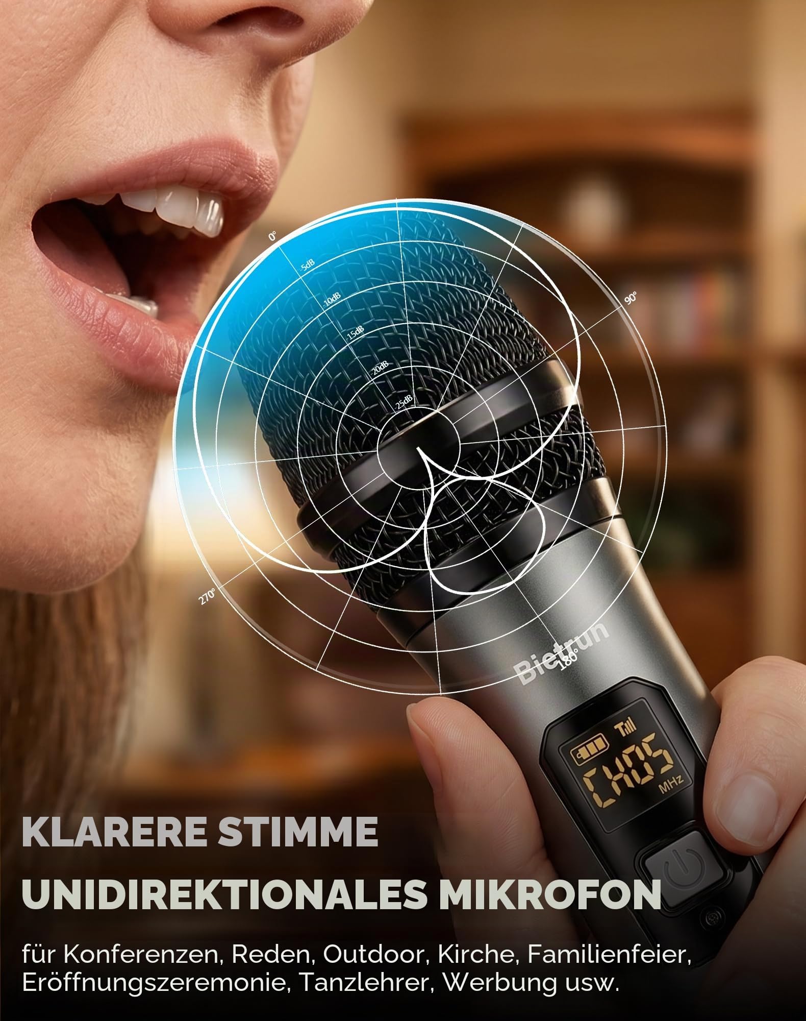Bietrun Kabelloses Mikrofon, professionelles UHF-Metall-Dual-Handmikrofon-Set mit dynamischem Mikrofonsystem mit wiederaufladbarem Empfänger, 1/4-Zoll-Ausgang, Plug-and-Play