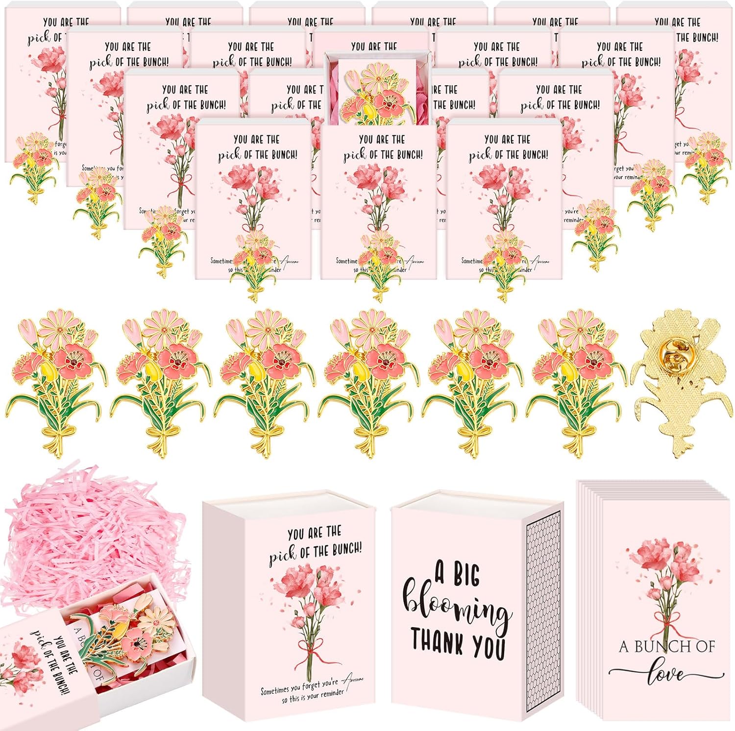 Landical 100 Sets Mother's Day Thank You Pins Gift Flower Bunches Pins with Box Graduation Employee Appreciation Gift Bulk Pink Lapel Brooch with Pocket Card for Women Volunteer Nurse Teacher