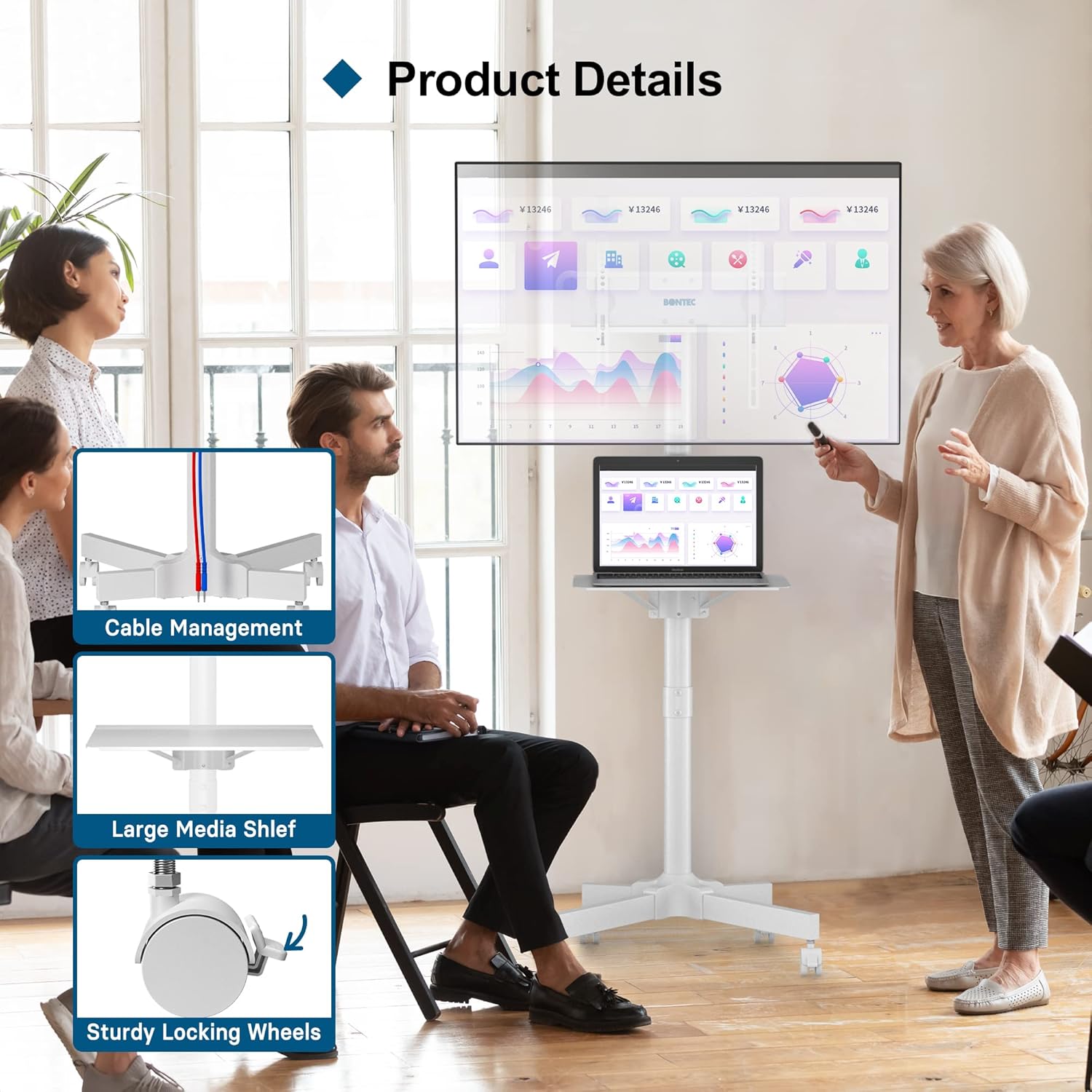 Product details showing cable management, large media shelf, and sturdy locking wheels