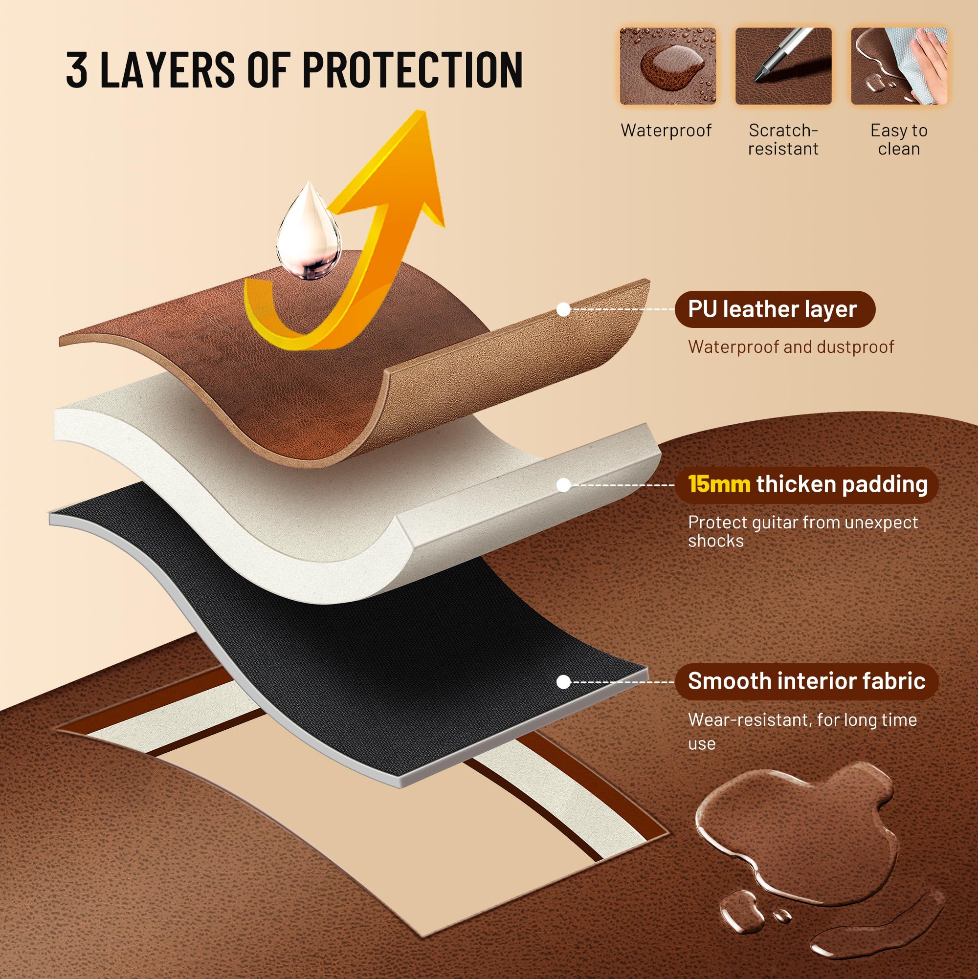 CAHAYA Housse de Guitare Acoustique en polyuréthane: Imperméable avec Rembourrage Respirant 15 mm - Double Fermeture éclair - pour Guitare 40 à 42 Pouces Marron