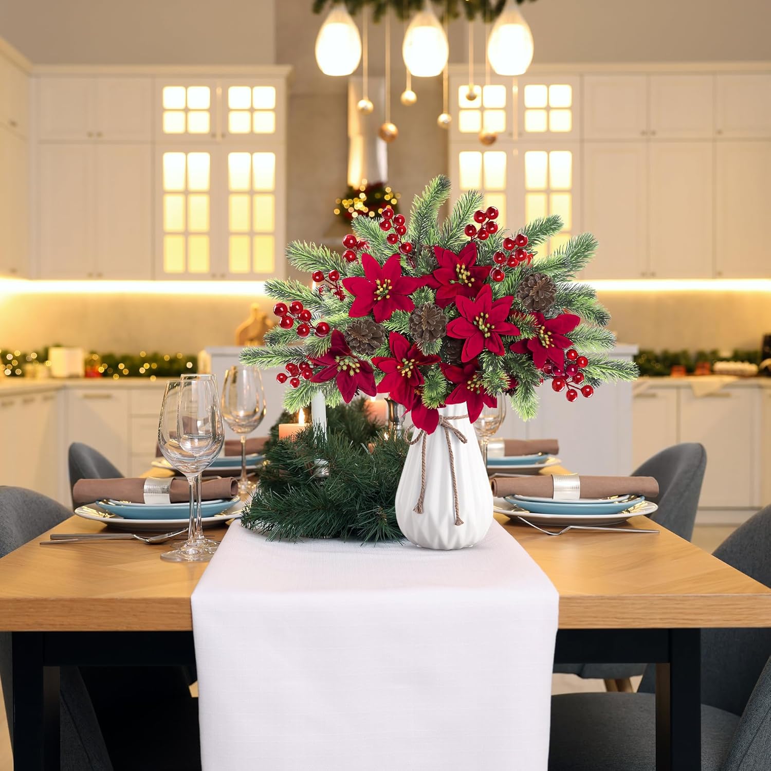 Sggvecsy 6Pcs Christmas Flowers Artificial Pine Branches Poinsettia Floral Picks 14’’ Red Berry Stems with Pinecones for Home Porch Garden Indoor Outdoor Holiday Xmas Decorations