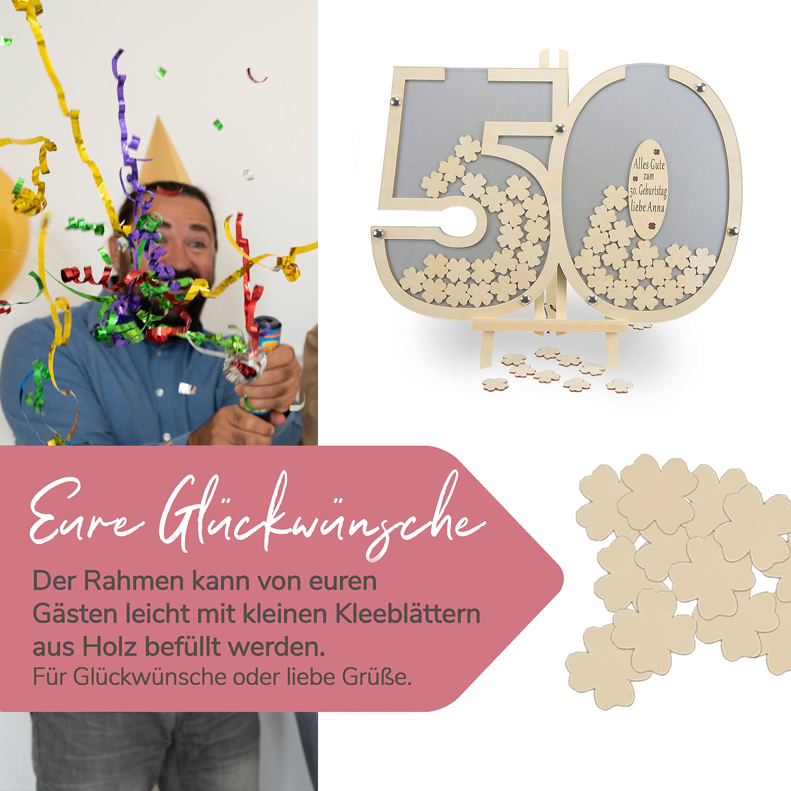 Besonderes personalisierbares Gästebuch aus Holzzahlen 50 | 40x60 cm in Grau | Holz Kleeblätter zum Beschriften für Namen und Sprüche z.B. Geburtstag - Geburtstagsdeko mit Acrylglas
