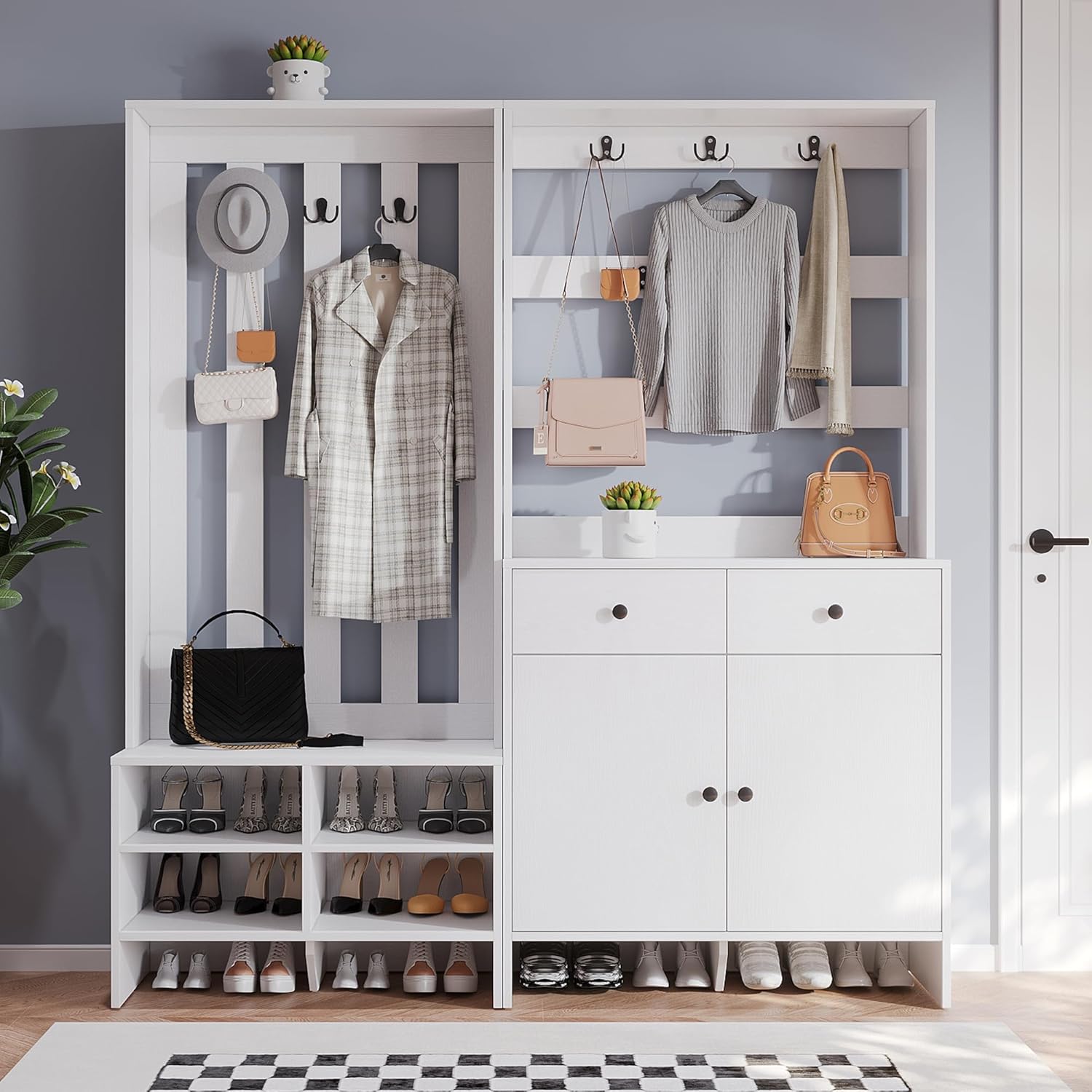 VOWNER Hall Tree with Bench and Coat Rack, 5-in-1 Entryway Bench with 8 Shoe Cubbies, 8 Coat Hooks, Closed 2-Tier Storage Cabinets and Adjustable Shoe Cubbies for Entryway (White)