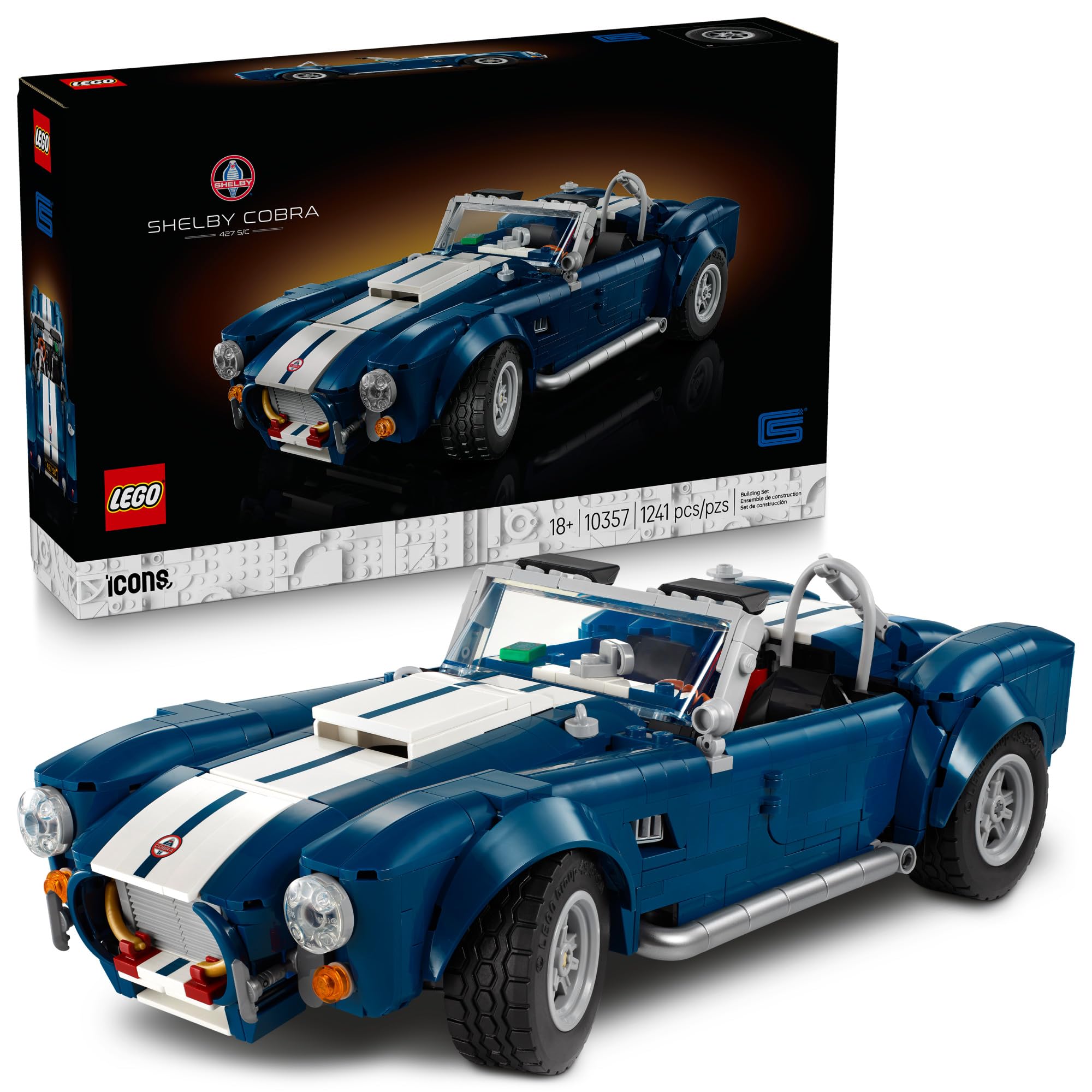 LEGO Icons Shelby Cobra 427 S/C Car Building Set for Adults - Bedroom, Office, or Book Shelf Decor for Sports Car Fans, Ages 18+ - Gift Idea for Birthdays - 10357