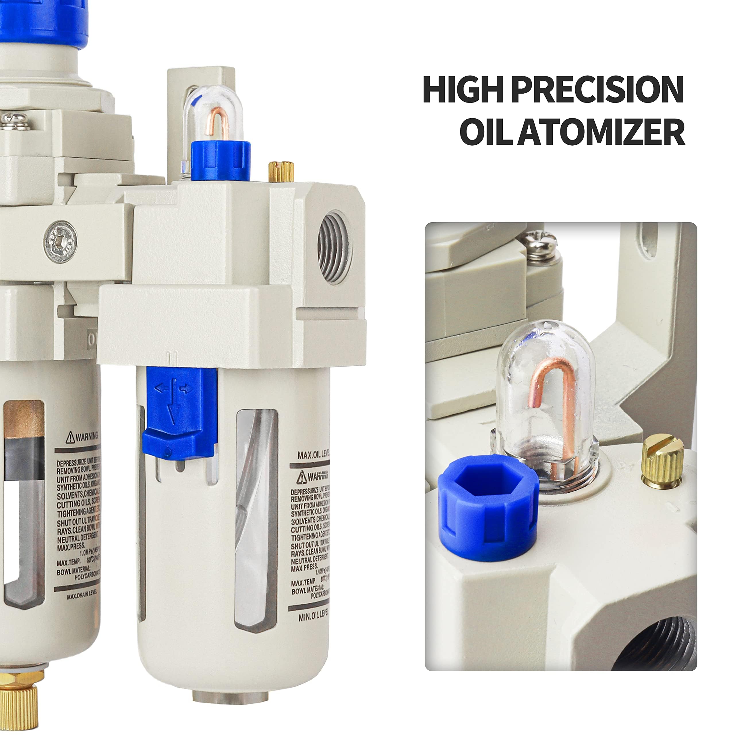 BLCH 1/2" BSP Kompressor-Wasserabscheider - FRL-Kombigerät (Filter-Druckregler-Öler) AC4010-04 mit halbautomatischem Ablass, lebensmittelechtem Polycarbonat-Behälter, Manometer (0-160 PSI/11 bar)