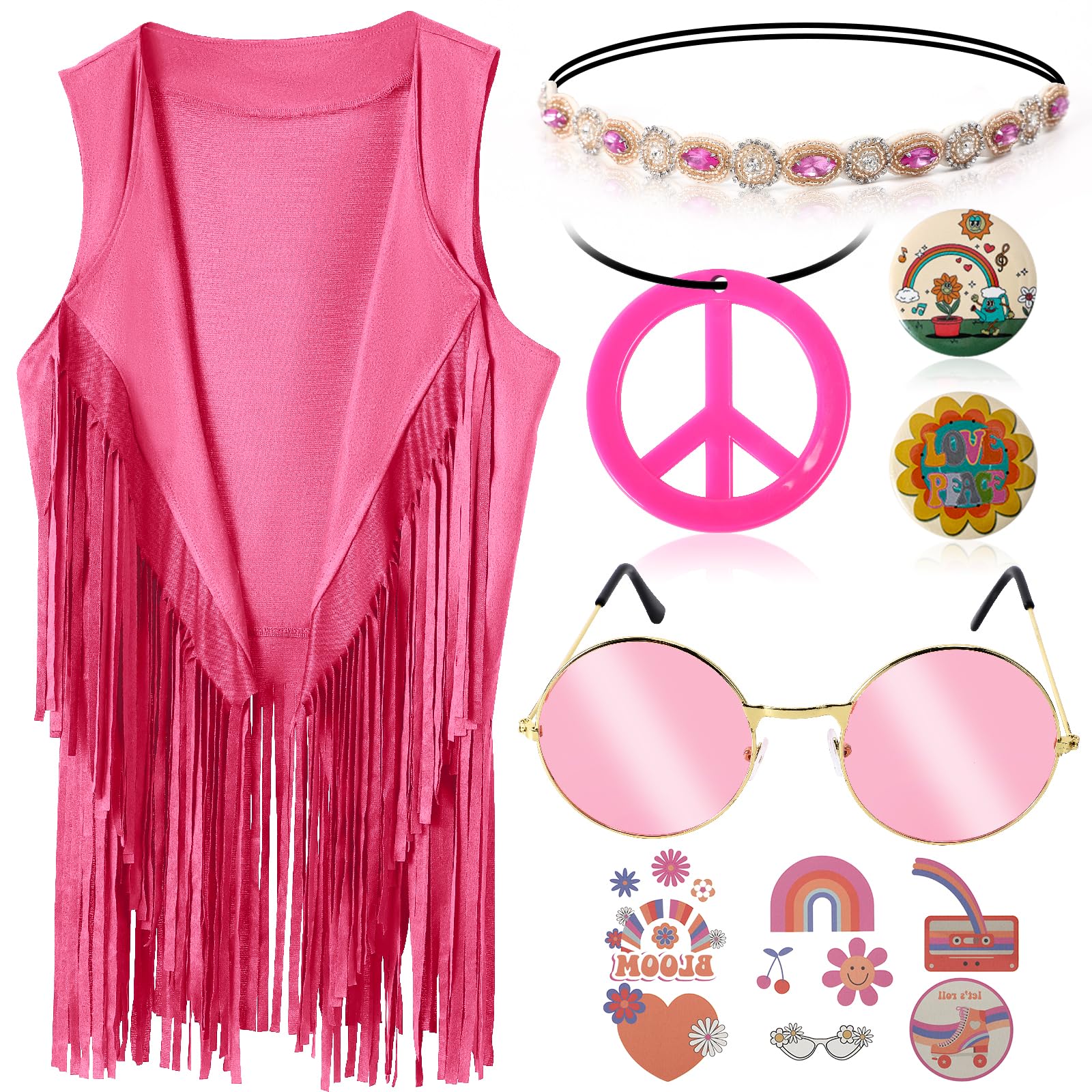 60s 70s Outfits for Women Hippie Costume Clothes Set 70s Costume Tops Women Fringe Hippie Vest for Halloween