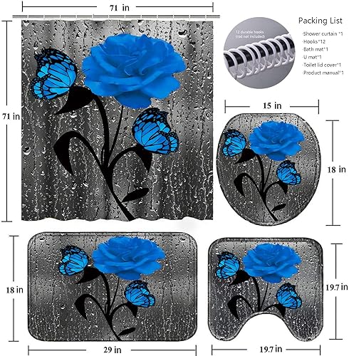 Miniatura 6 de Poedist Juego de 4 cortinas de baño con diseño de rosas azules, juego de cortinas de ducha florales con alfombras (tapete de baño, forma de U y