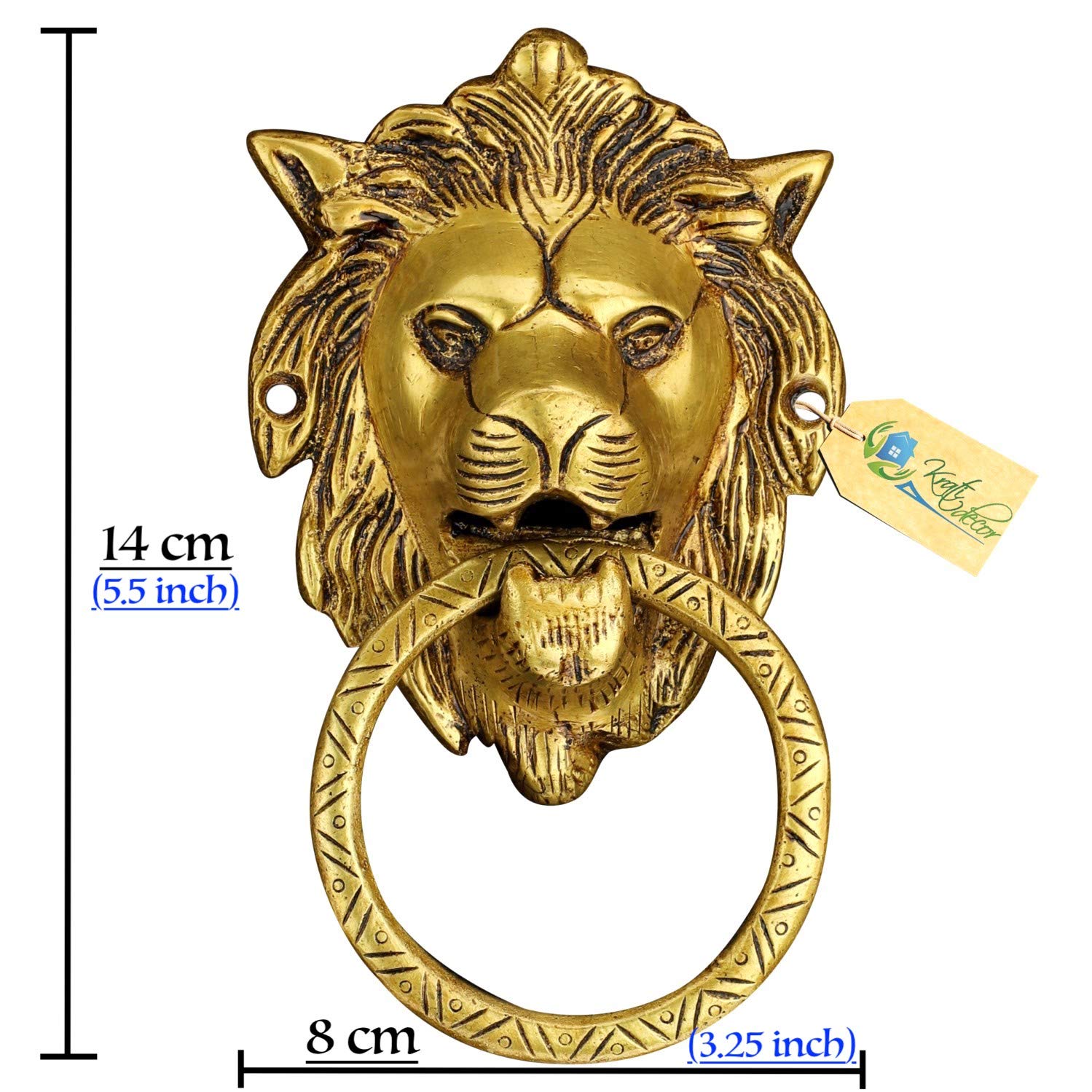 Kratidecor Elegant and Durable Lion Face Eye-Catching Cross Ring Brass Door Knocker (Yellow Antique)