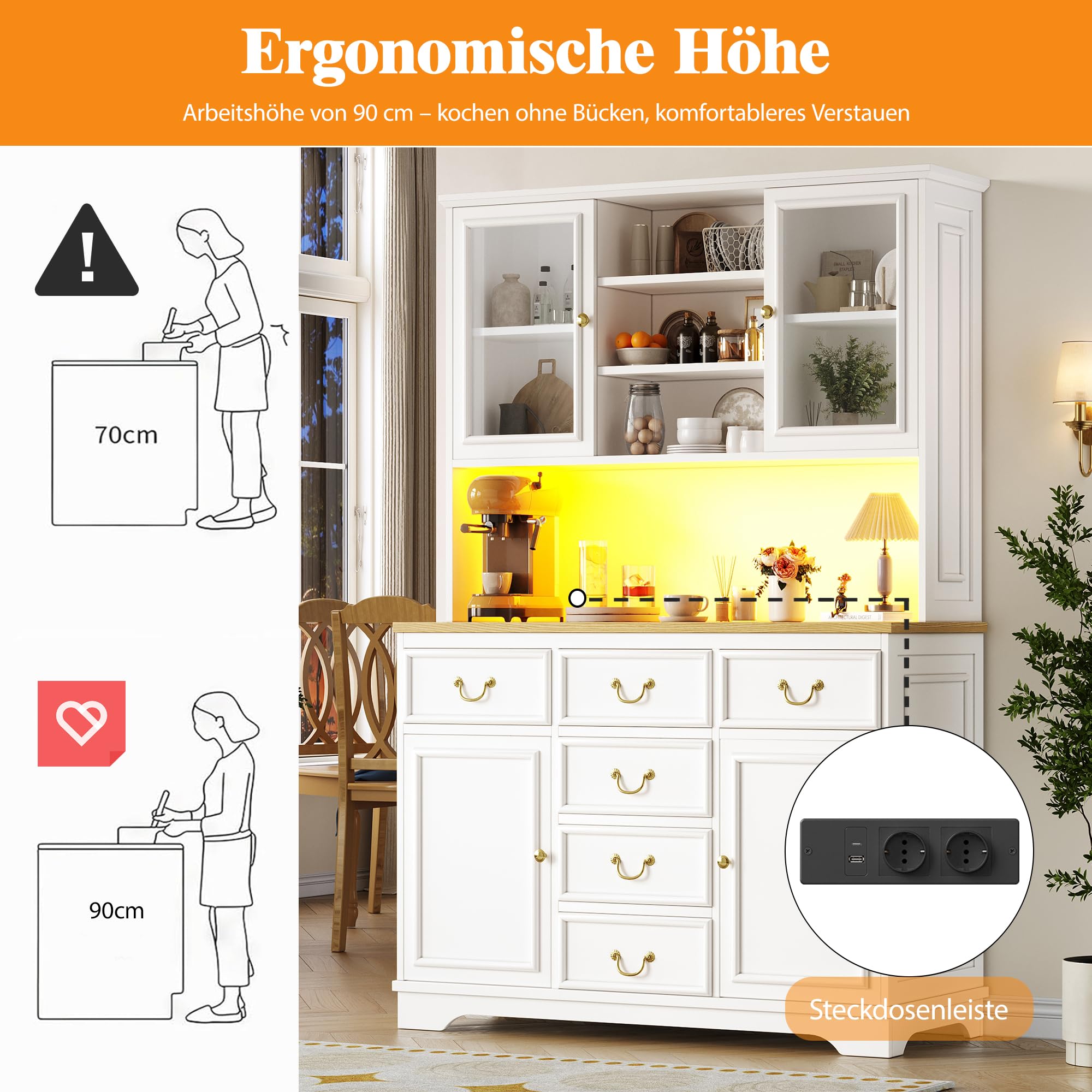 Küchenschrank Hochschrank mit LED,Buffetschrank Esszimmerschrank mit USB-Anschlüssen & Steckdosen,Küche Aufbewahrungsschrank mit Snackregaltüren & Standorte der Mülleimer,118×39.5×180cm