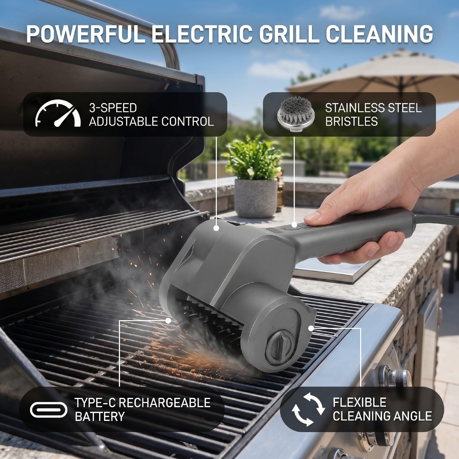 Spazzola per Griglia Elettrica Senza Fili Pulitore per Griglia per Barbecue Ricaricabile a 3 velocità con Testa Regolabile in Acciaio Inossidabile per Campeggio All'aperto