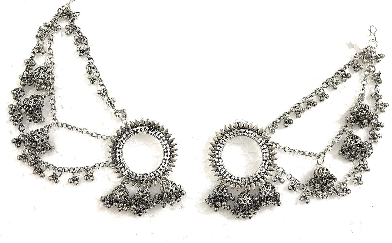 Oxidised Silver Earring with Hair Chain 