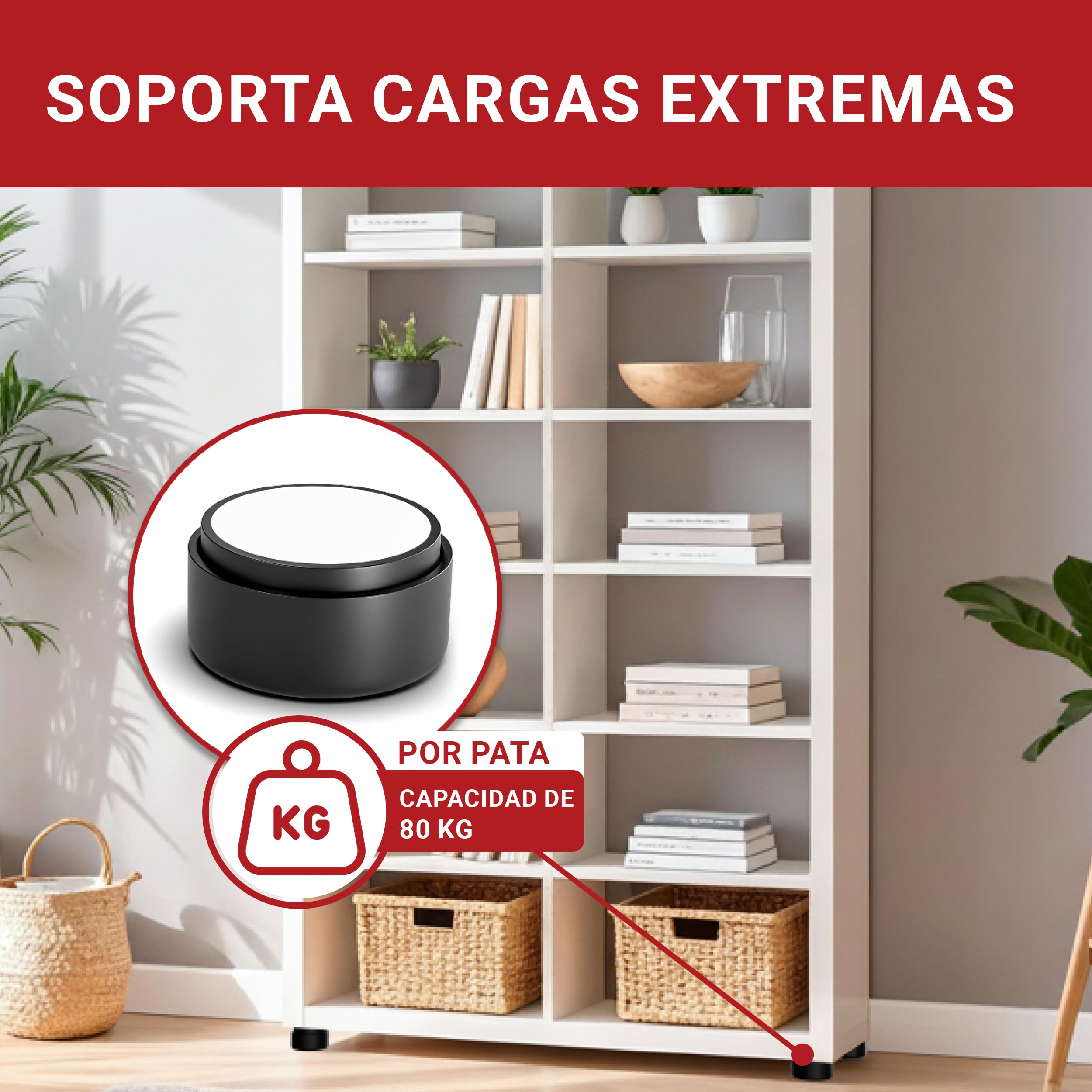 LouMaxx Patas para Muebles Adhesivos – Patas Ajustables Regulables en Altura 10mm – Elevador Mueble Ø 53,5mm Plástico – Set de 8 Patas Elevadoras Negro Incl. Material de Montaje