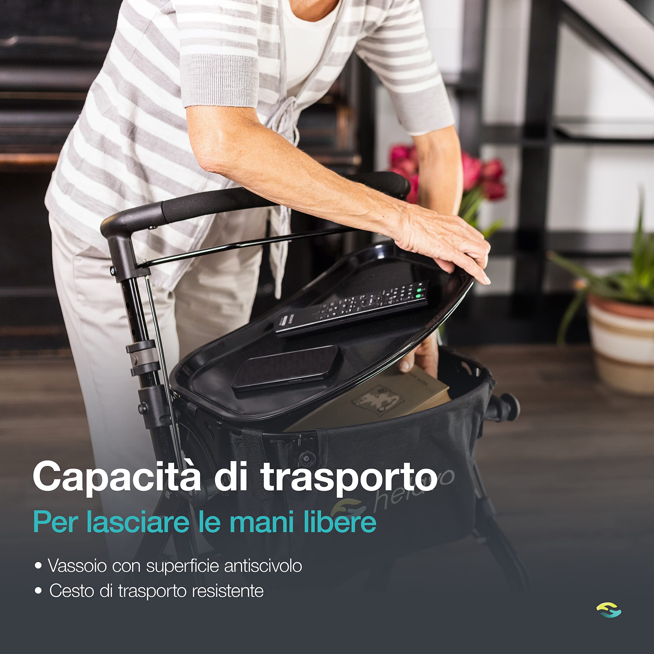 Helavo deambulatore per anziani per casa pieghevole con vassoio - Rollator deambulatore 4 ruote per interni - Ultraleggero, stretto, regolabile, con freni, cestino, portabicchieri