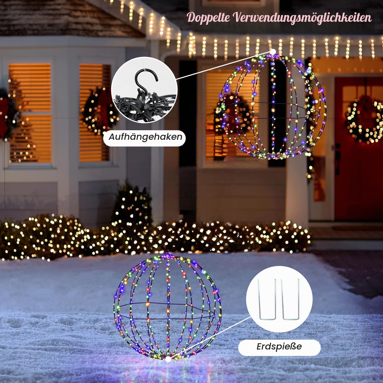 SOARS 2er Set LED Kugel, Weihnachtsbeleuchtung Außen mit 440 mehrfarbigen LEDs, Leuchtkugel Lichterkugel wetterfest, Weihnachtsdeko Outdoor & Indoor, Dekokugel Weihnachten φ 30cm / 56cm