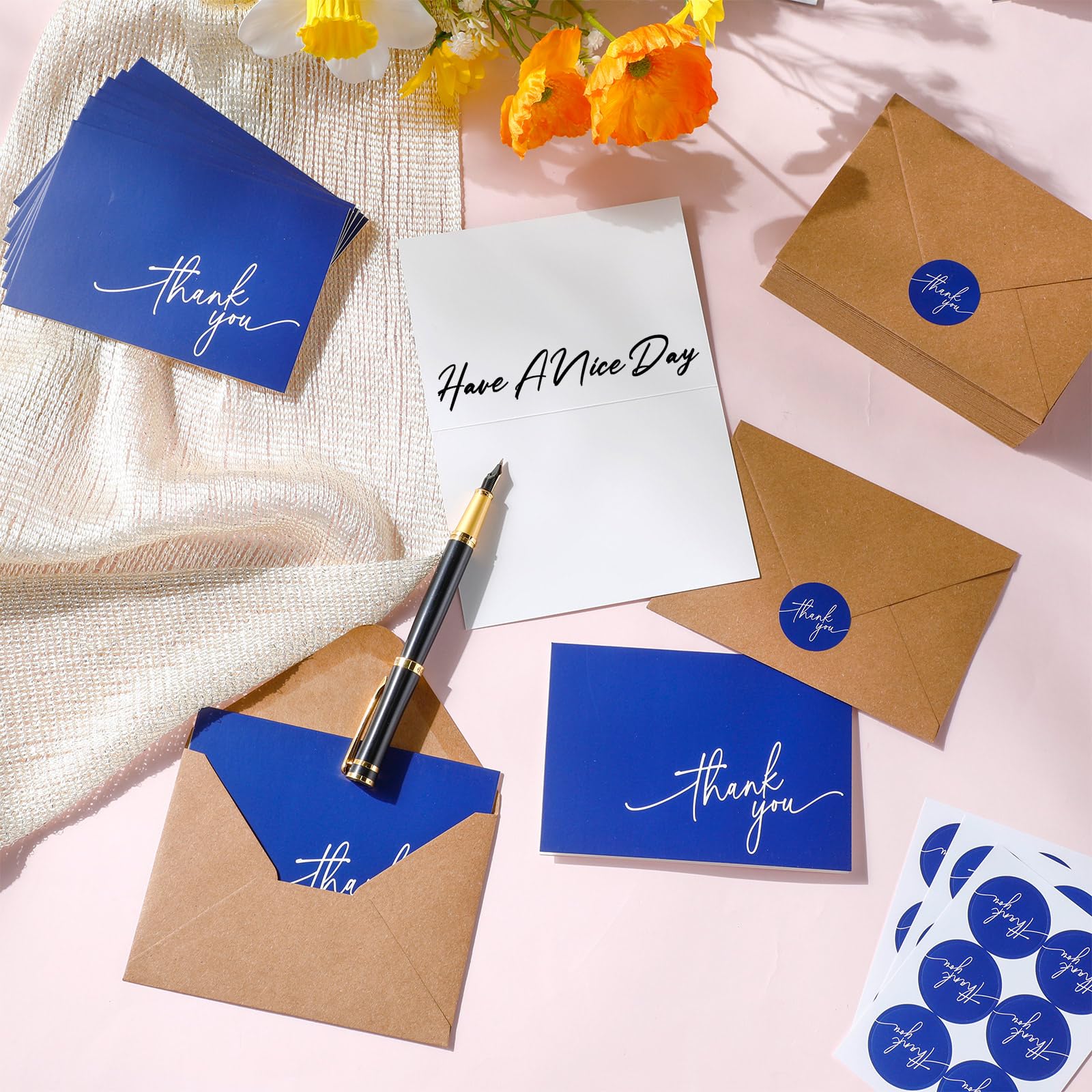 Gueevin Lot de 200 cartes de remerciement vierges avec enveloppes en kraft et autocollants - 8,9 x 12,7 cm - Cartes de remerciement élégantes - Pour mariage, affaires, remise de diplôme, bébé, fête