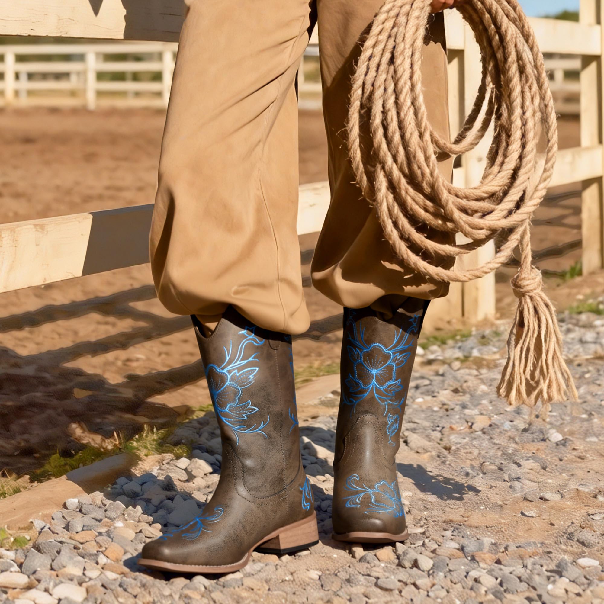DREAM PAIRS Stivali da cowboy da donna con punta quadrata ricamata, tacco basso grosso, stile western, per festival di musica country, feste a tema e concerti, Marrone scuro, 41 EU