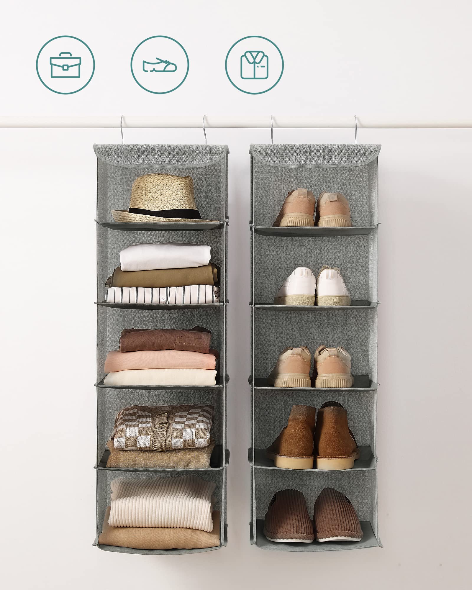 TOPIA HOME 6-Shelf Hanging Closet Organizer, Two Separable 3-Tier Thickened Fabric Hanging Closet Shelves With Mesh Pockets, Collapsible Closet Organizers And Storage Organization, Beige