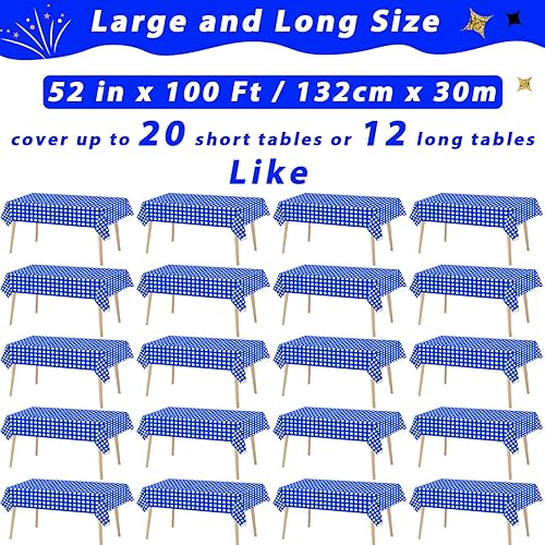 Miniatura 2 de Blue Gingham Checkered Tablecloth Roll 52 in x 100 Ft with Slide Cutter Plastic Table Cloth Roll Blue Gingham Plastic Picnic Party Table Cover for