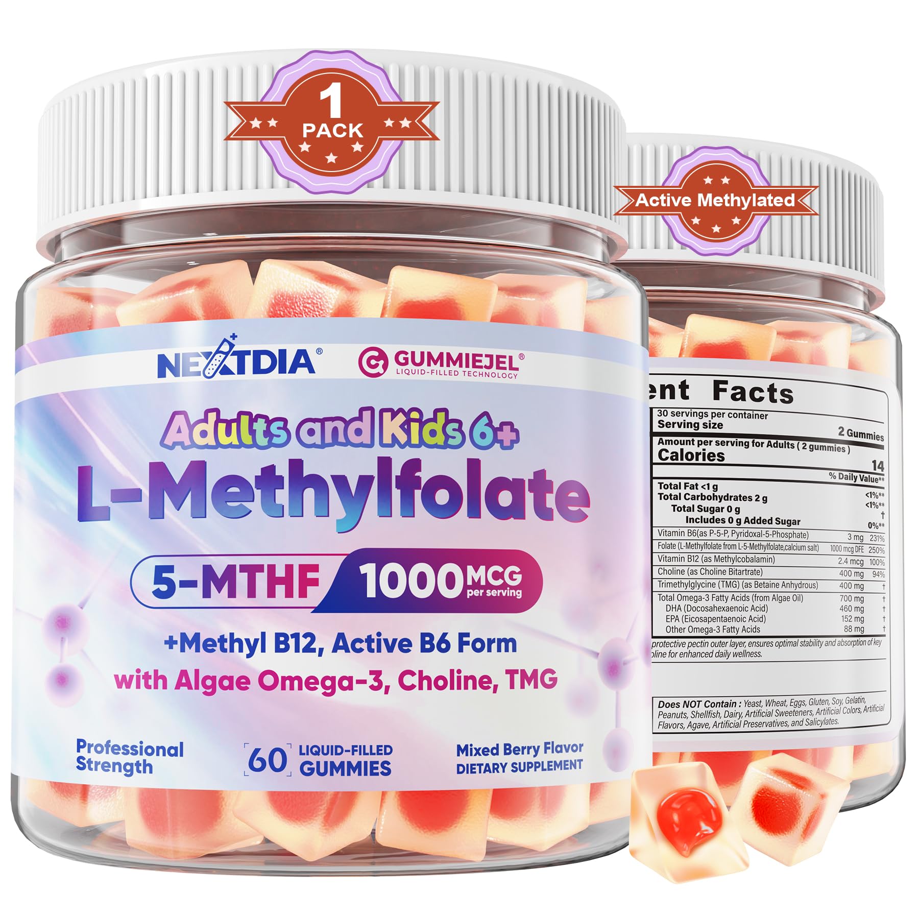 L-Methylfolate 1000mcg Methyl B12 Gummies + Omega-3 for Kids & Adults, 60Ct 60 Count (Pack of 1)