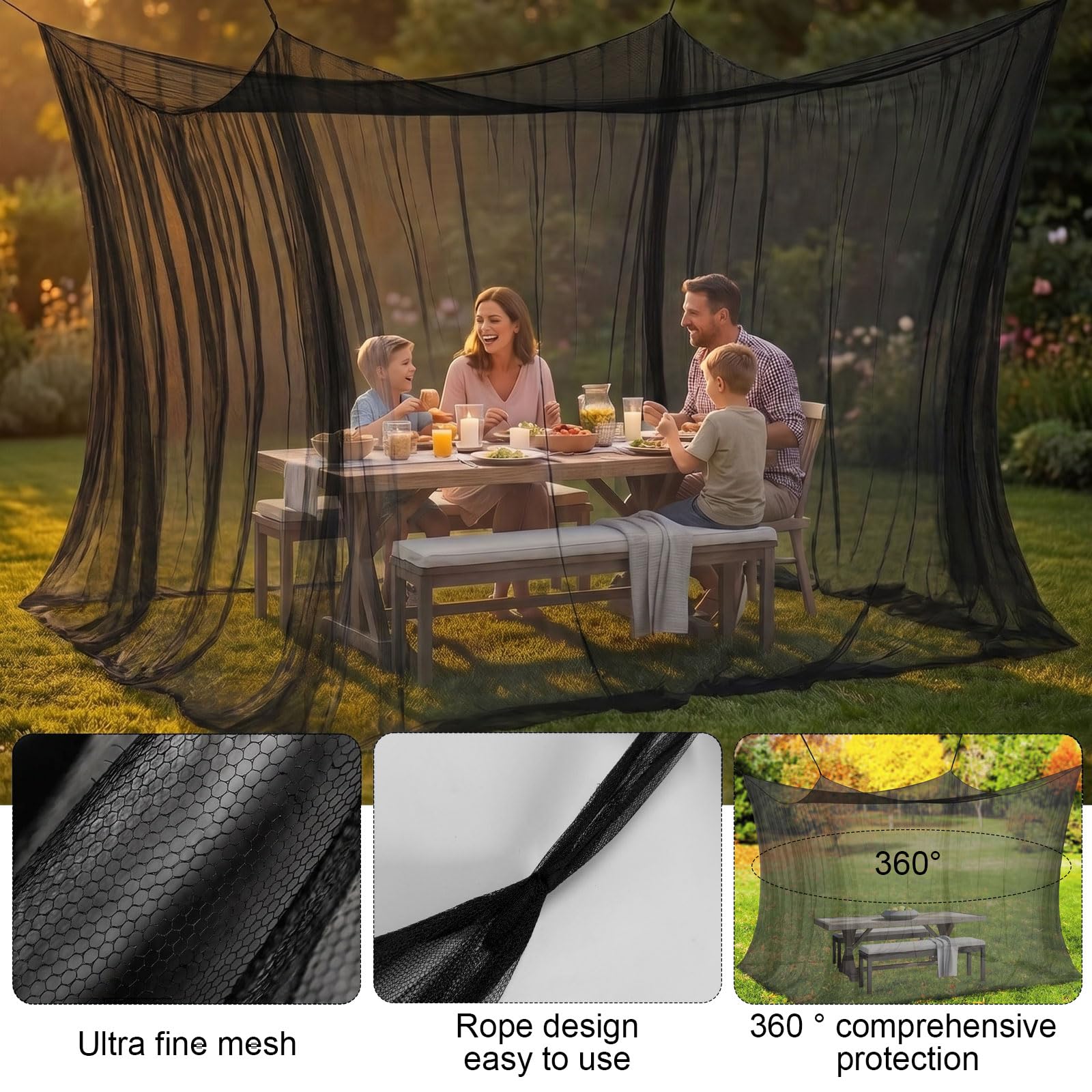 Zanzariera per esterni, 300 x 300 x 250 cm, per campeggio, colore nero