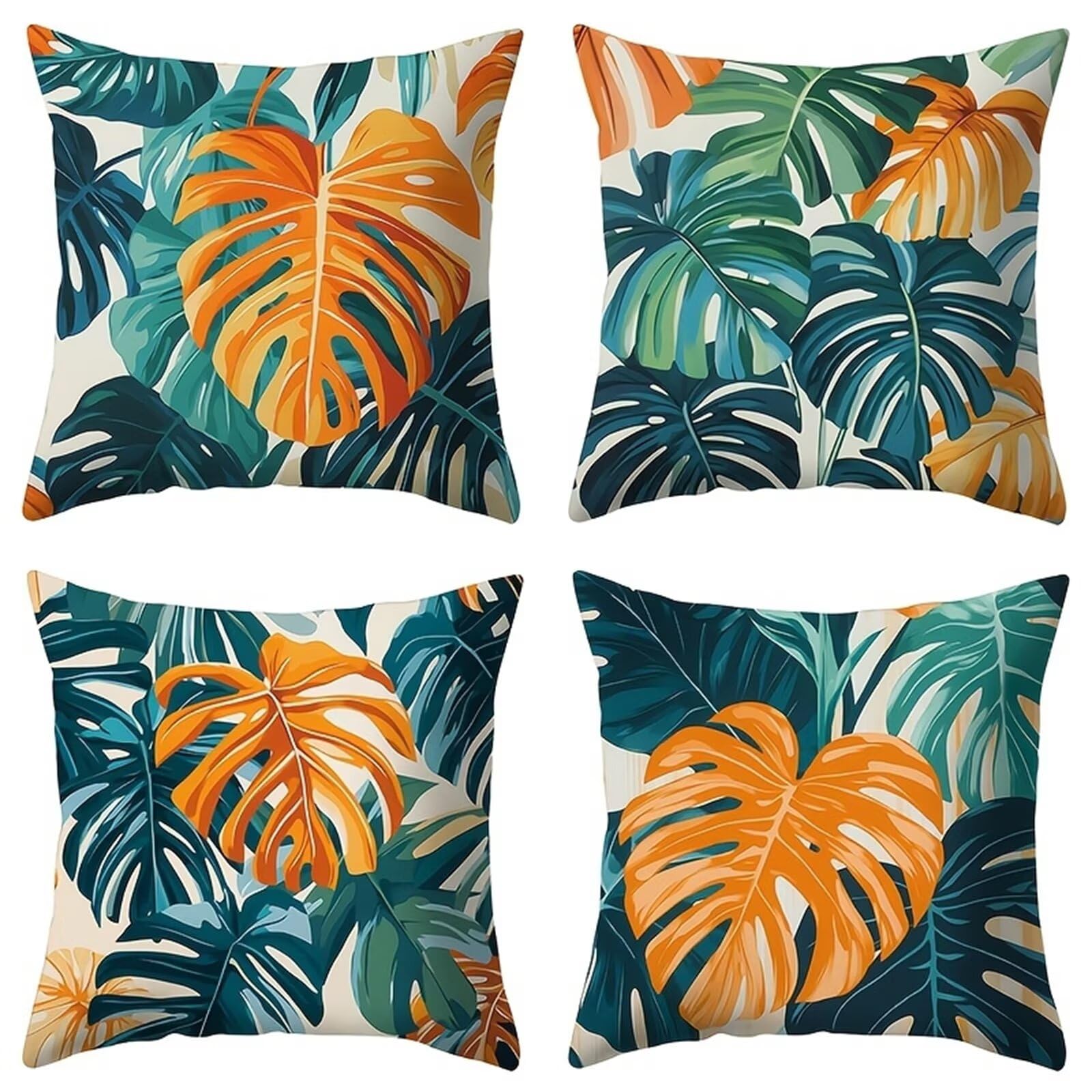 Fundas de Cojines 50x50 cm, Juego de 4 Fundas para Cojines Decorativas de Lino, Hojas Monstera Tropical, Fundas de Almohada para Sofá, Silla y Decoración de Interiores