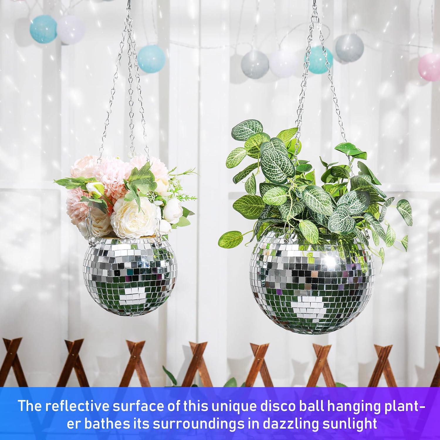 4 Pcs 6/8 Disco Ball Planter Hanging Disco Ball Plant Hanger with Chain Hook and Ring Stand, Mirror Flower Pot for Indoor and Outdoor Plants 70s 80s Party Room Decorations, Sliver