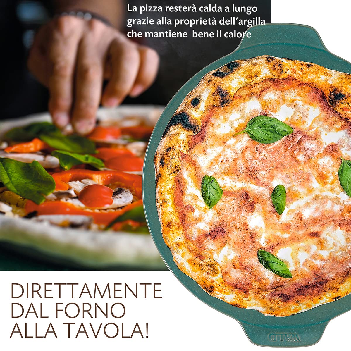 Wald - Cuoci Pizza in Argilla, per Cottura su Barbecue, Forno e Microonde fino a 500°C. Piastra Smaltata per Preparare in Casa Pizze Croccanti e Saporite. 4 Colori diametro cm 33