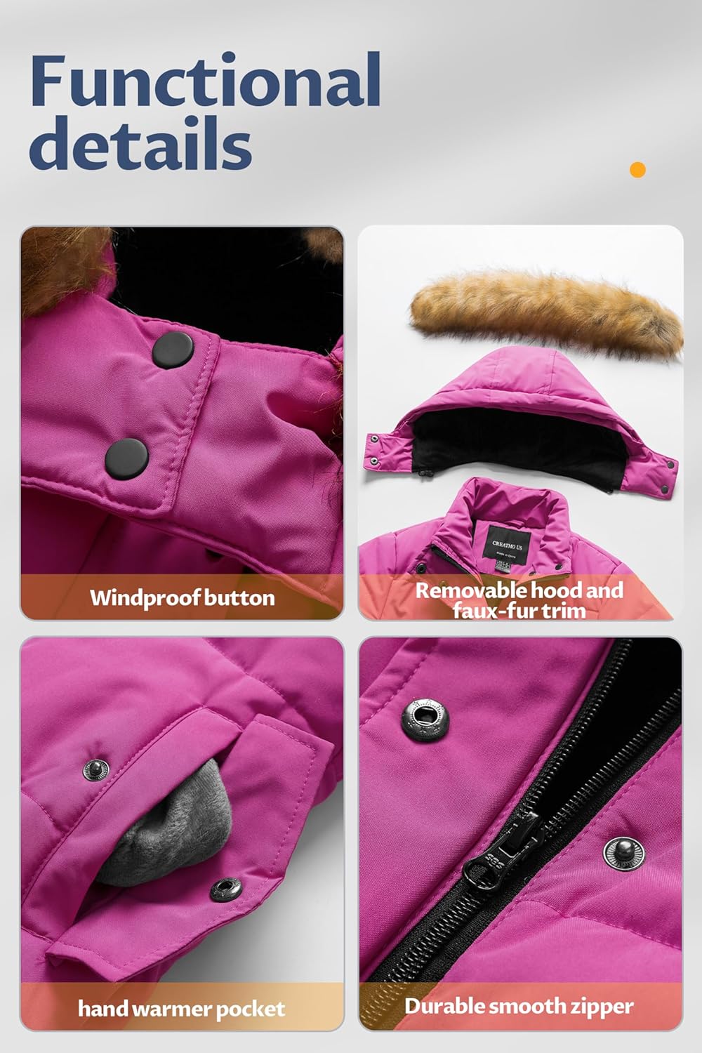 CREATMO US Girl's Winter Fleece Lined Long Parka Puffer Coat Thicken Ski Jacket With Fur Trim Hood - Image 6