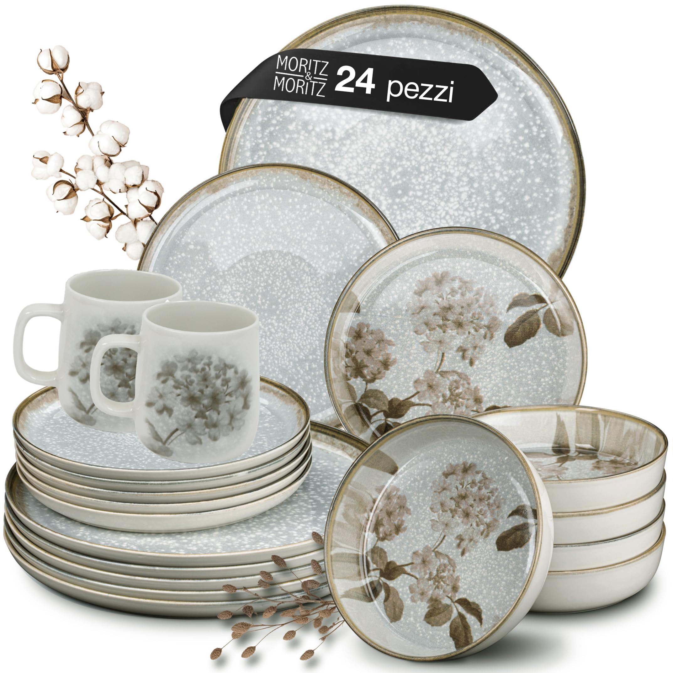 Moritz & Moritz BLOSSOM - Servizio da tavola in porcellana per 6 persone, 24 pezzi, servizio da tavola moderno con design giocoso, facile da pulire, con set di piatti, ciotole e tazze, servizio