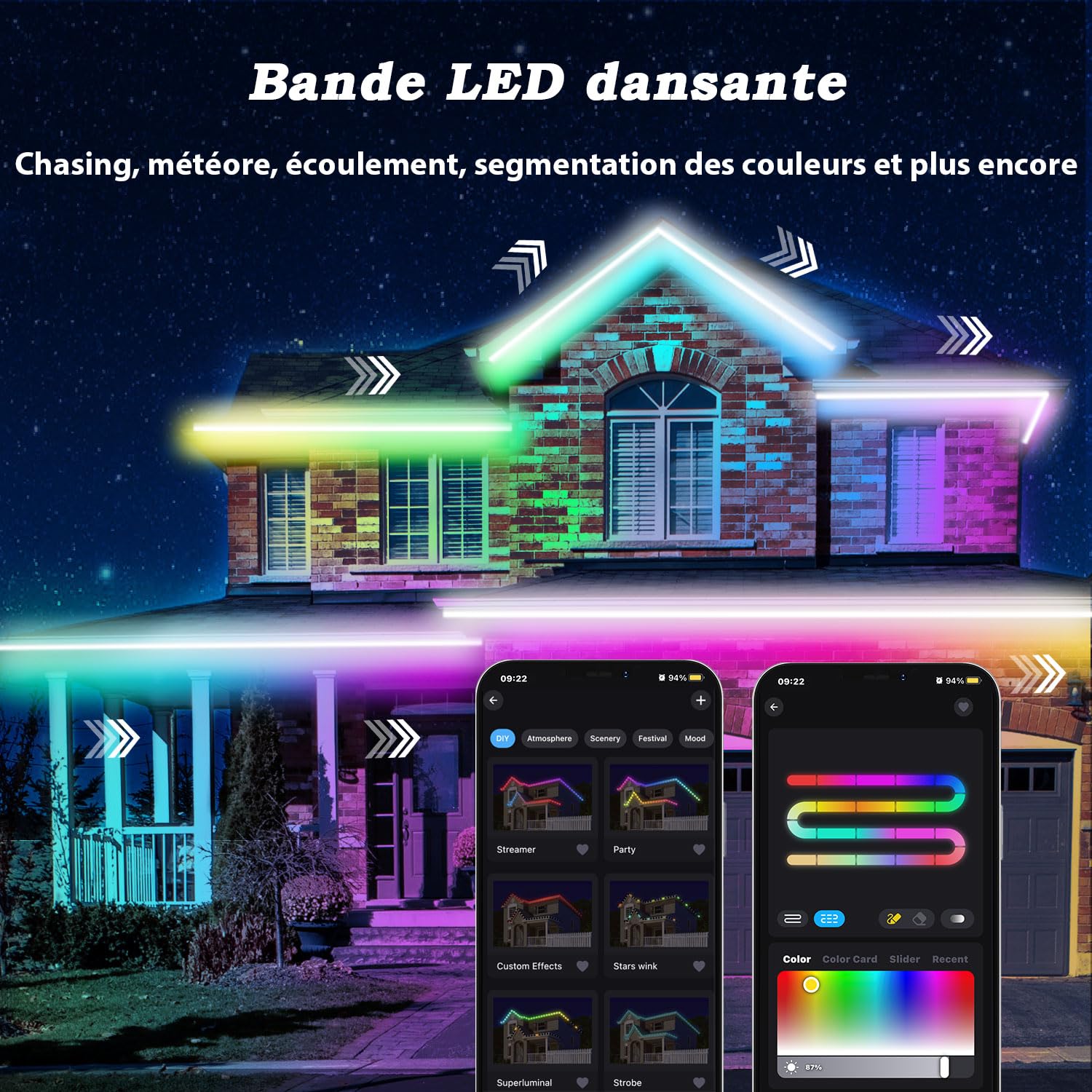 Lichaser RGB+IC Ruban LED Exterieur Etanche DIY IP67, Suivi, Segmentation de Bandes LED avec Application BT et Télécommande RF pour une Utilisation en Extérieur (40m)