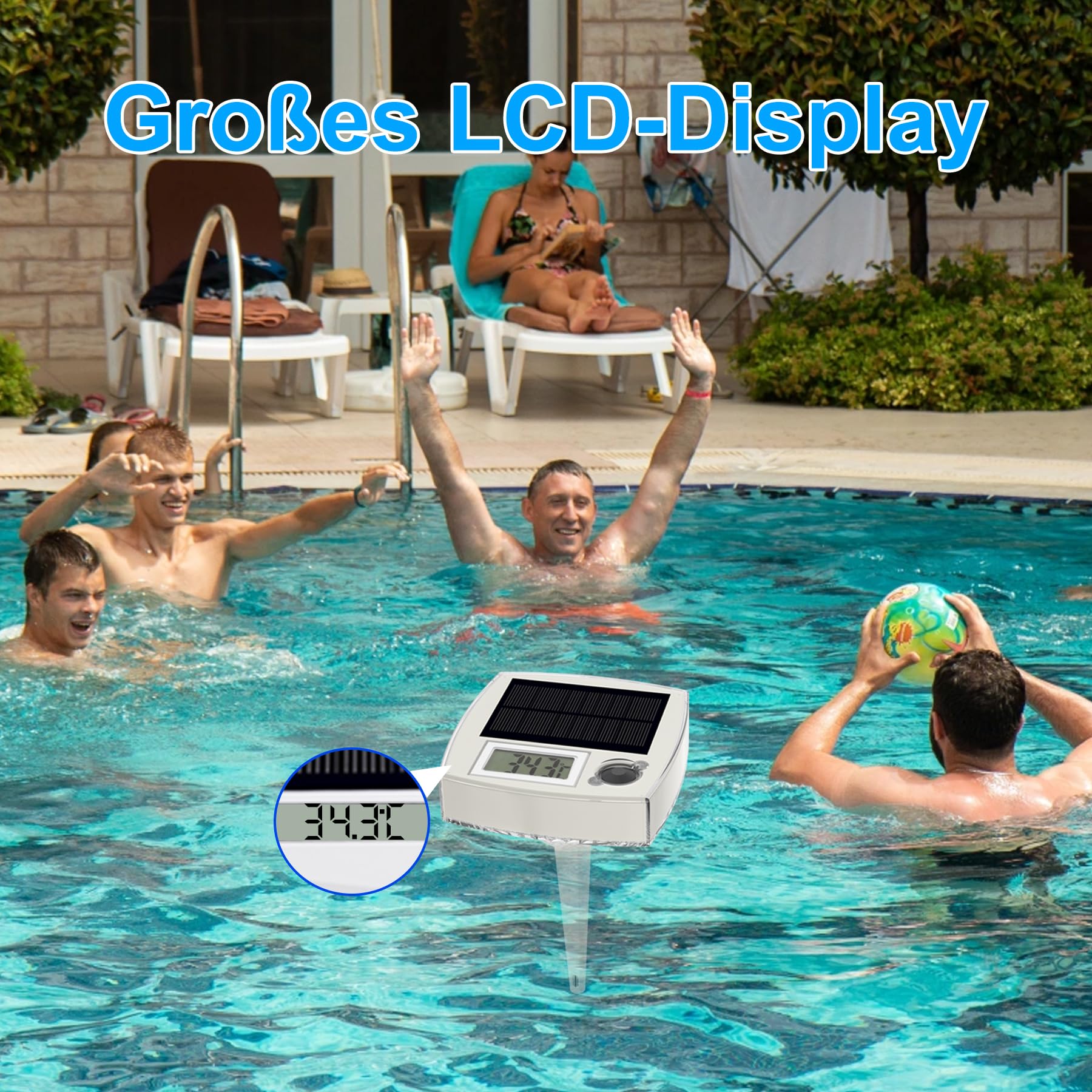 Solar Pool Thermometer Digital, IP68 wasserdicht – Schwimmend,RGB-Nachtlicht,Großer LCD-Display, Tag/Nacht-Sensor,8 Lichtmodi,Manuelle Steuerung,für Schwimmbecken,Spa,Teich