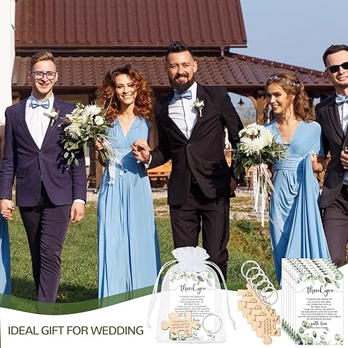 Miniatura 6 de Sintuff Recuerdos de boda para invitados, rompecabezas de madera rústica, llavero, tarjeta de agradecimiento, bolsa de organza, fiesta de boda,