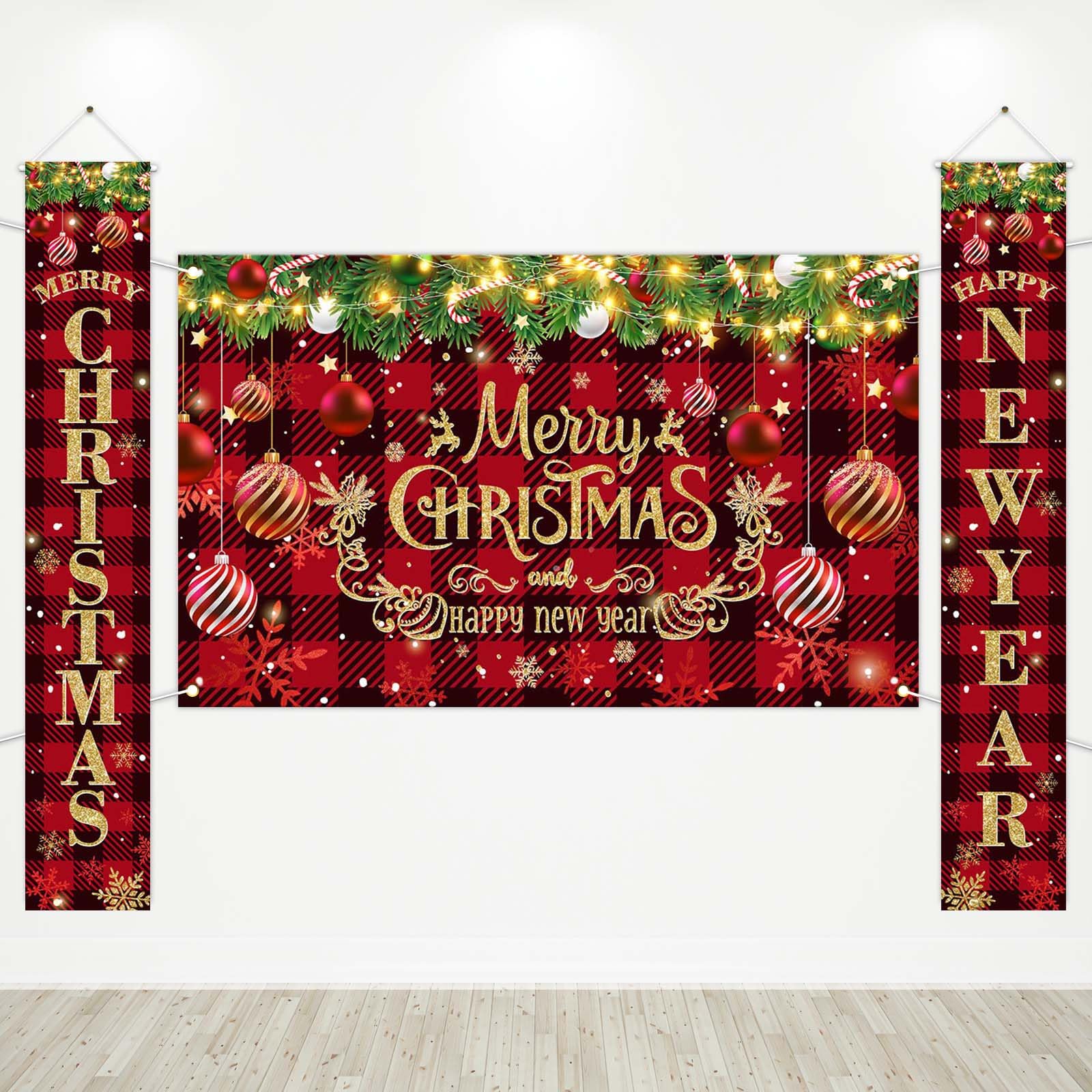 Merry Christmas & Happy New Year Banner - Blue Silver, Large 70.8x43.3 Inch, Party Backdrop - View #3