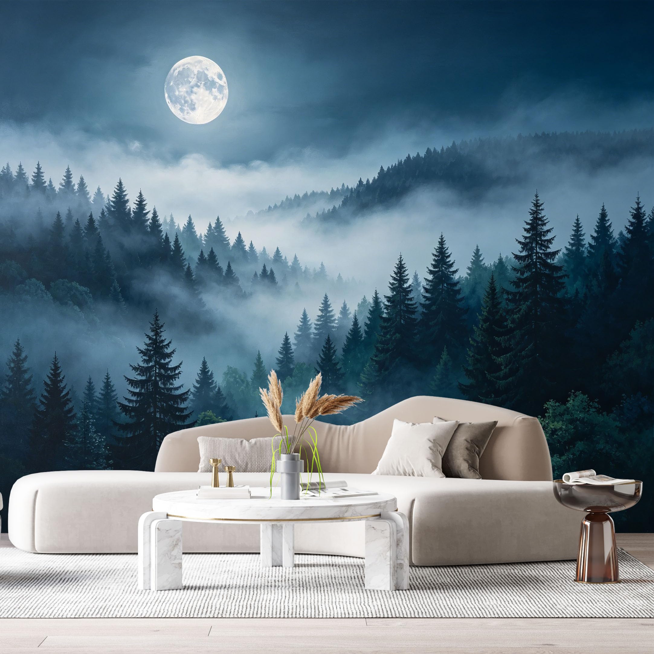 Custom Size Wall Murals Moonlight Forest Landscape Misty Mountains Night Sky SelfAdhesive Wall Fabric Removable Large Wallpaper for Photo Living Room