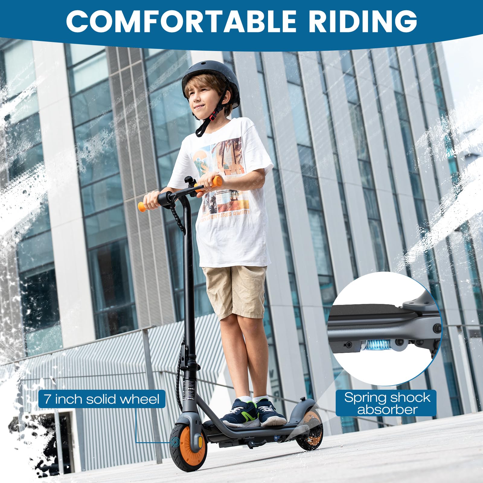 RCB R7X E-Scooter Kinder, Max Reichweite 15KM, Max Geschwindigkeit 15KM/H, 7" Vollgummireifen, Faltbarer Kinder Elektroroller, Stoßdämpfung, Geschenk für Kinder 8-12 Jahre