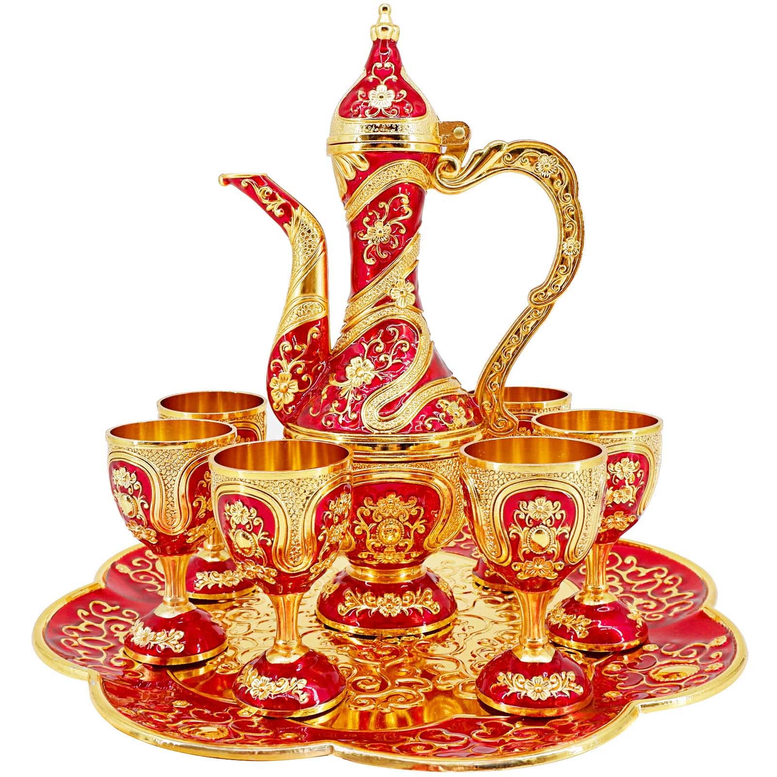 Ensemble théière en métal avec plateau et tasses assorties pour service de table
