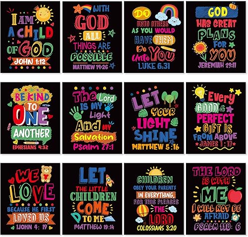 Miniatura 8 de 12 carteles con versículo bíblico para niños, arte de pared cristiano inspirador con citas de las Escrituras, decoración religiosa para el aula para