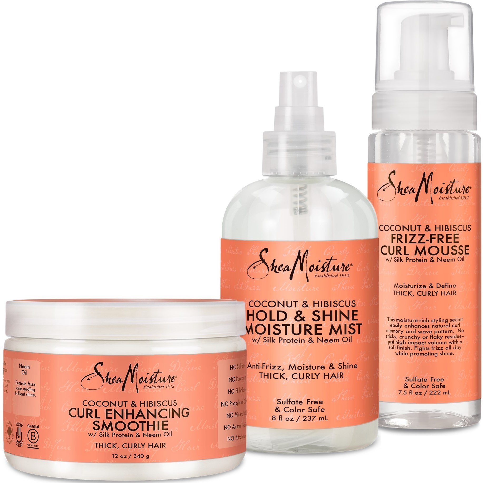 SheaMoisture Curly Hair Bundle: Frizz Free Mousse 7.5 Fl Oz, Curl Enhancing Smoothie 12 Oz, Hold & Shine Mist 8 Fl Oz for Styling