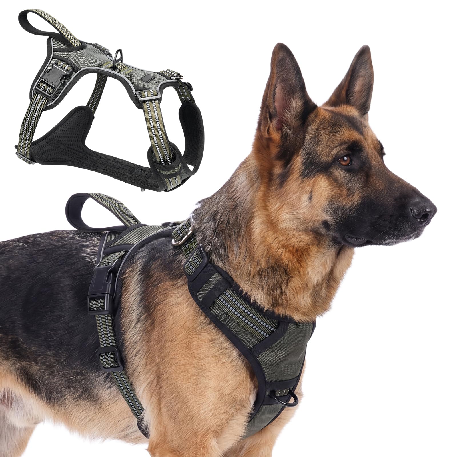 Olcyren Dog Harness for Small Medium Large Dogs, No Pull Adjustable Soft Padded Dog Harness with Handle, Anti Pull Reflective Choke Free Breathable Pet Harness with Front Back Clips (Army Green, XL)