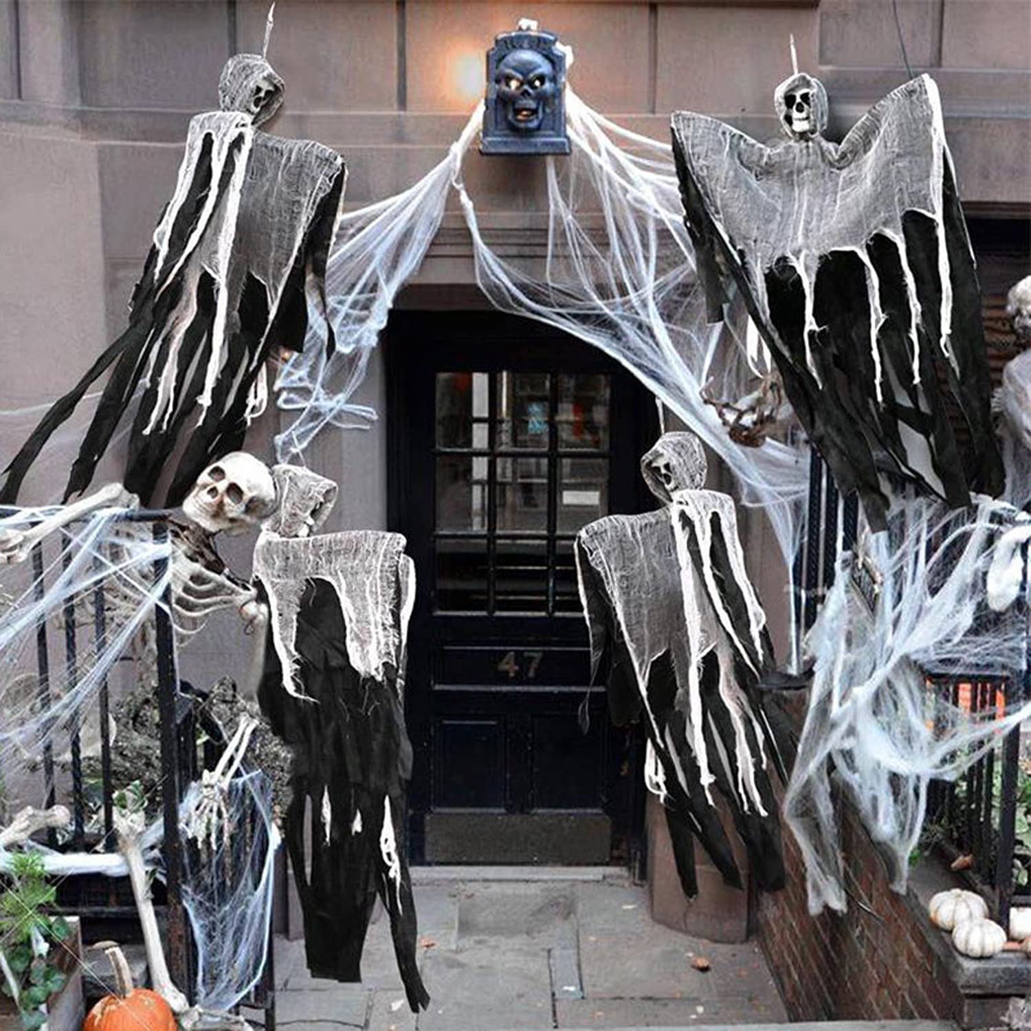 TRIXES Wiszący duch - dekoracje na drzwi - wisząca czaszka - Halloween - ogród dla domu - ganek - czarne drzwi wejściowe - 3 szt