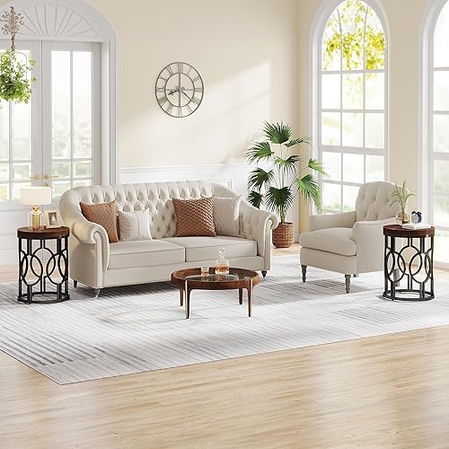 Miniatura 4 de Tribesigns Juego de 2 mesas auxiliares redondas, mesa auxiliar industrial con marco hueco de metal, mesita de noche pequeña para sala de estar,