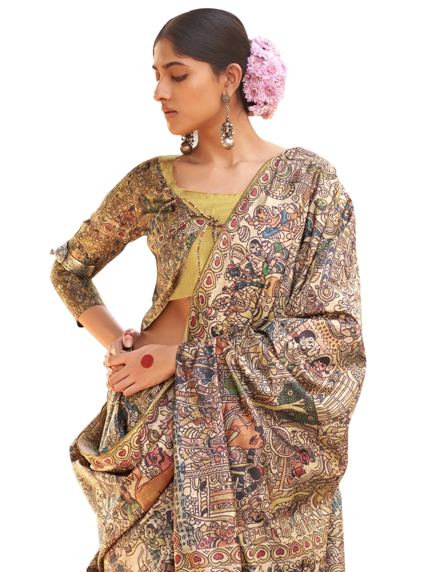Women's Silk Blend Madhubani Printed Saree With Unstitched Blouse Piece-image-28