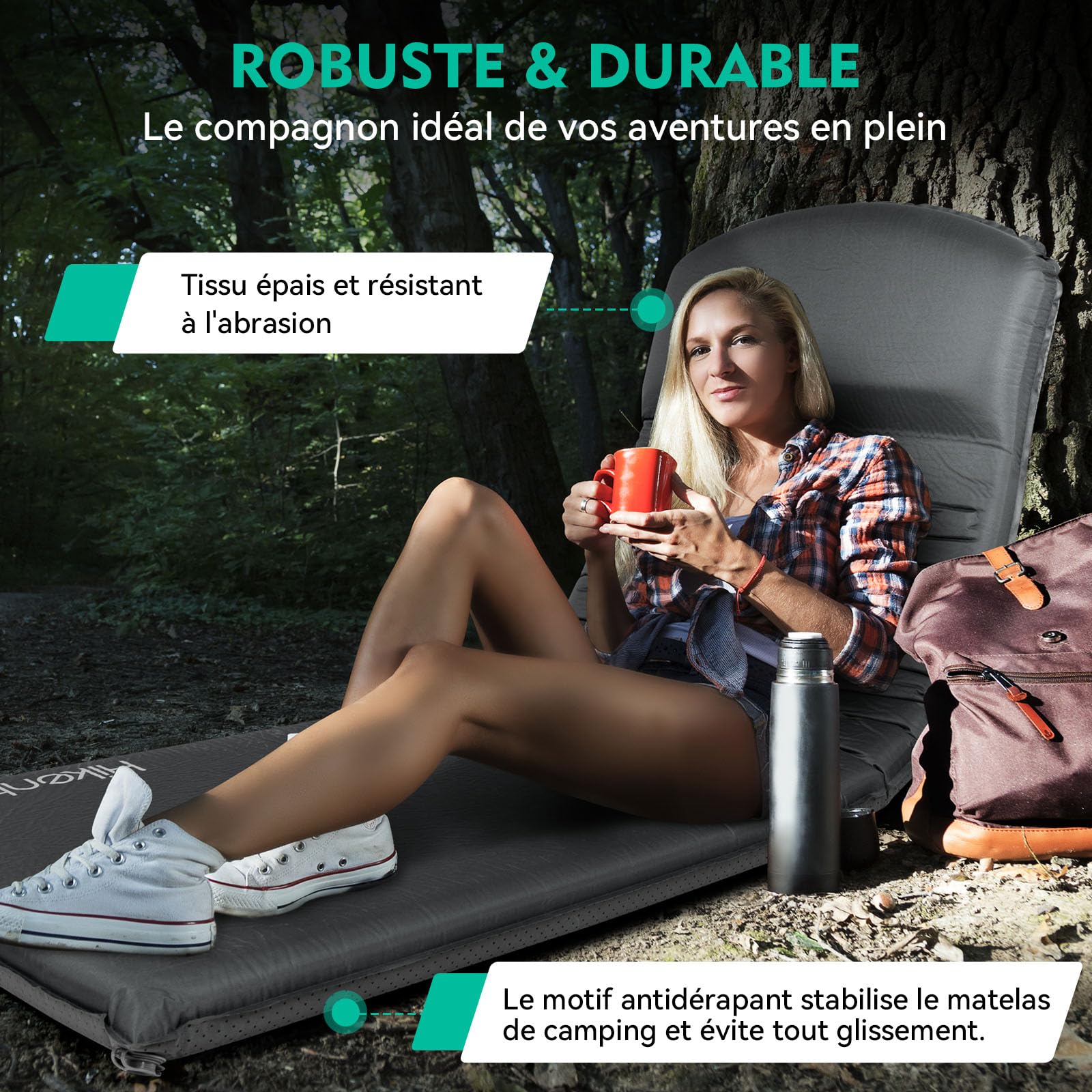 HIKENTURE Matelas Autogonflant en Mousse 8 cm - Ultra-Confort | Avec Oreiller et Silencieux - Valeur-R 9,6 Isolant 4 Saison - Matelas Camping 1 place pour Trekking, Randonnée et Bivouac