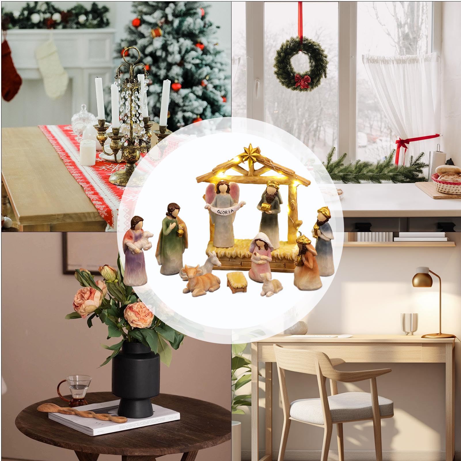 Générique Crèche De Noël,Crèche en Résine avec Étable | Fournitures de Fête pour Cheminée Bureau Chambre Salle de Classe,Décoration pour Foyer Dortoir Appartement et Bureau