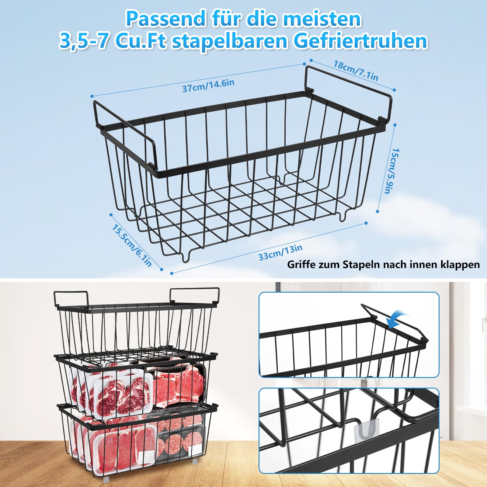 Lot de 3 paniers empilables avec poignées, 37 x 18 x 14,5 cm, fil d'acier 20 % stable, air circulant et gain de place pour congélateur de coffre de 215 l