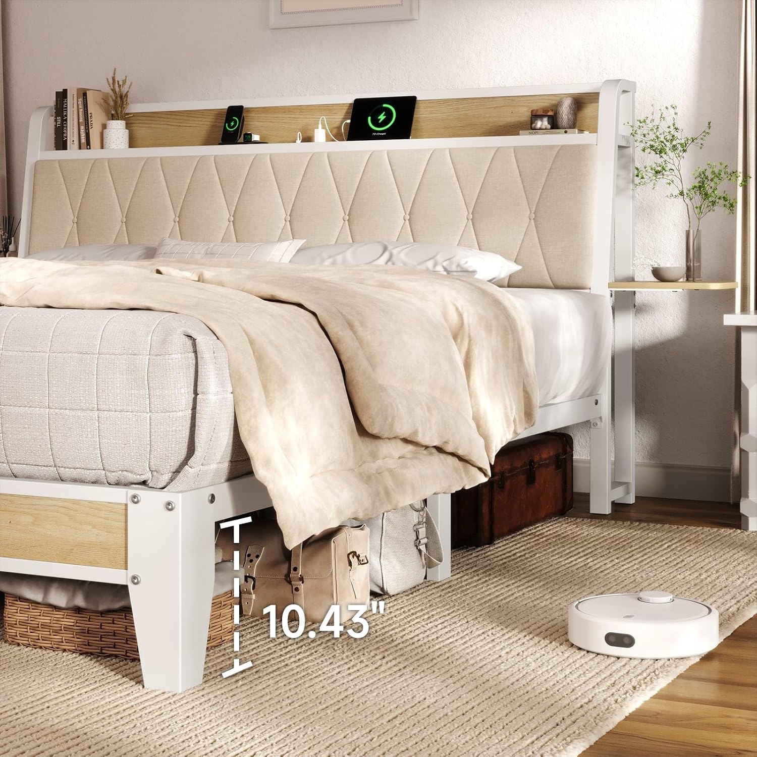 ONBRILL King Size Bed Frame with Side Storage Shelf, Ergonomic Upholstered Headboard with Charging Station, King Platform Bed Frame, Metal Slats Support, No Box Spring Needed, Easy Assembly, White