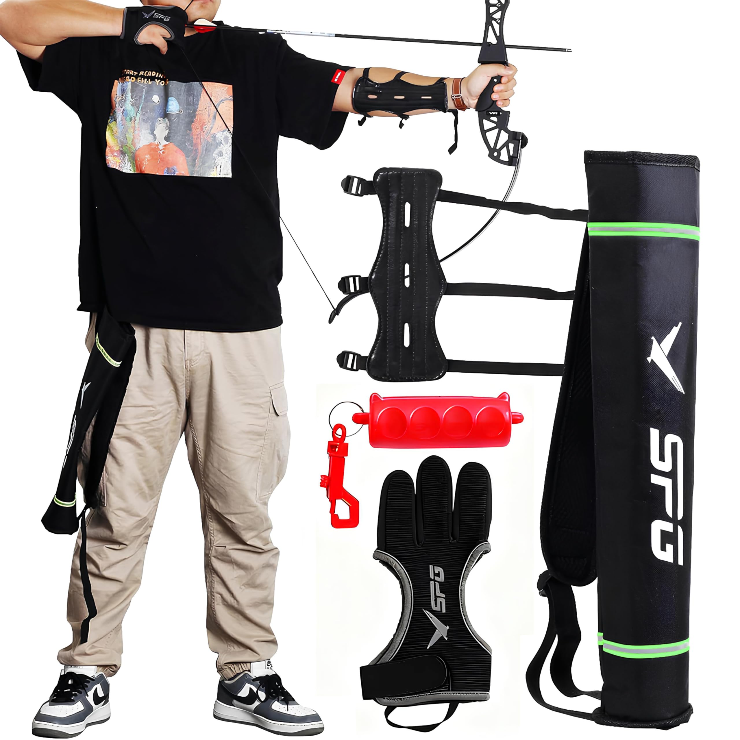 FENJANER 4Pcs Archery Accessories Set - Leather Archery Arm Guard | 3-Finger Archery Gloves | Back Arrow Quiver | Arrow Puller Target Remover